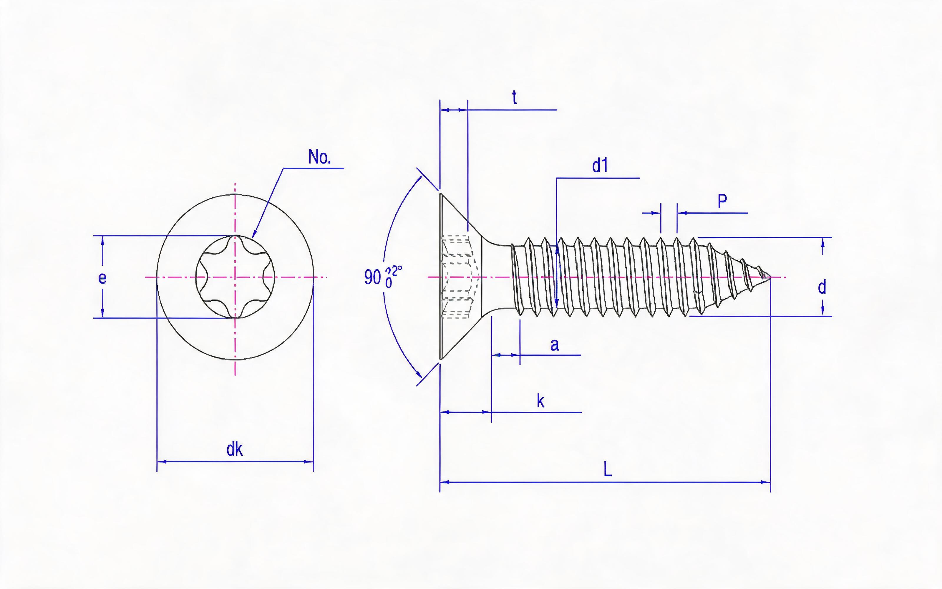 Torx recessed countersunk head self-tapping screw R type Standard Drawing