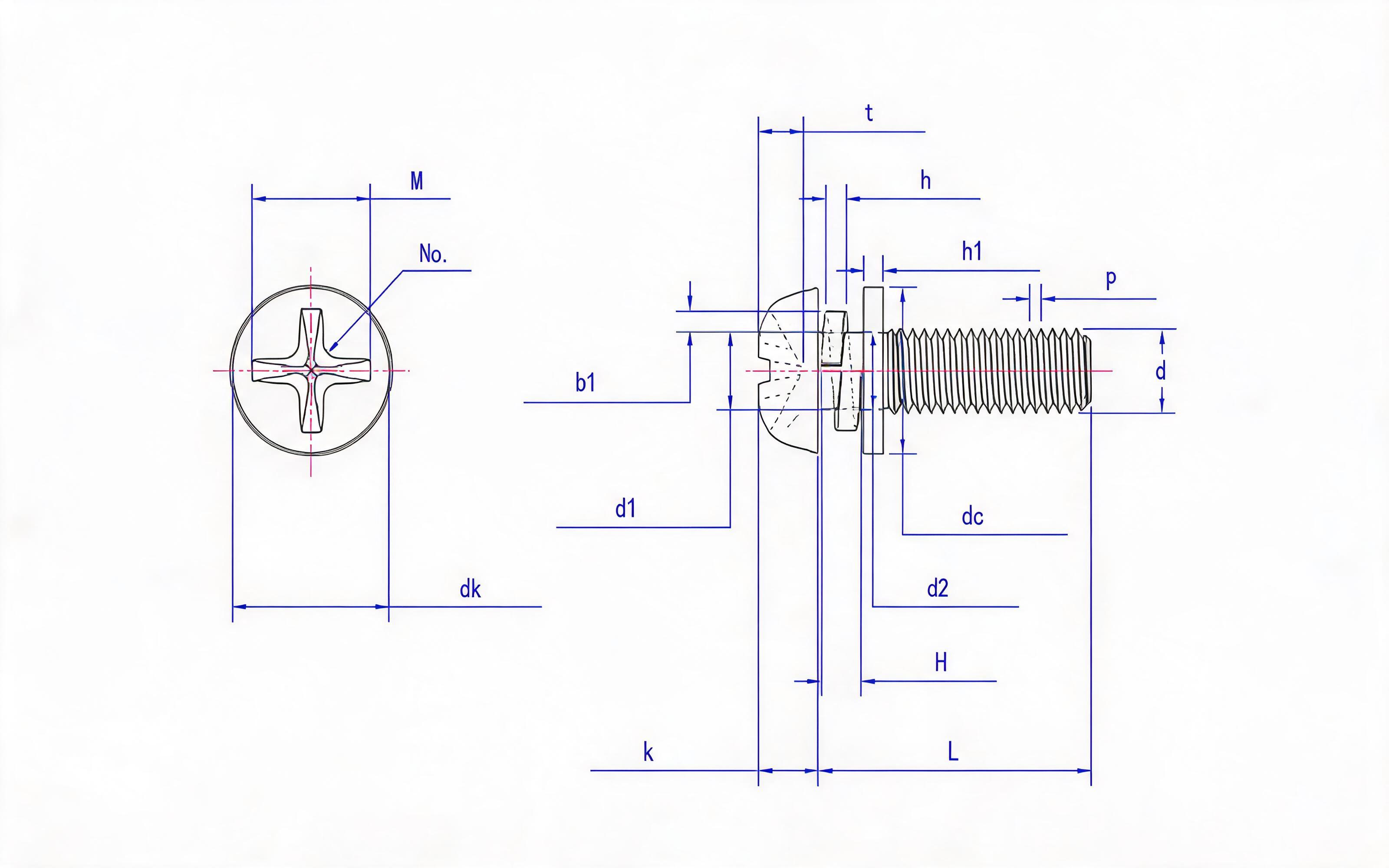 Combination of cross recessed small pan-head screw, flat washer and spring washer Standard Drawing