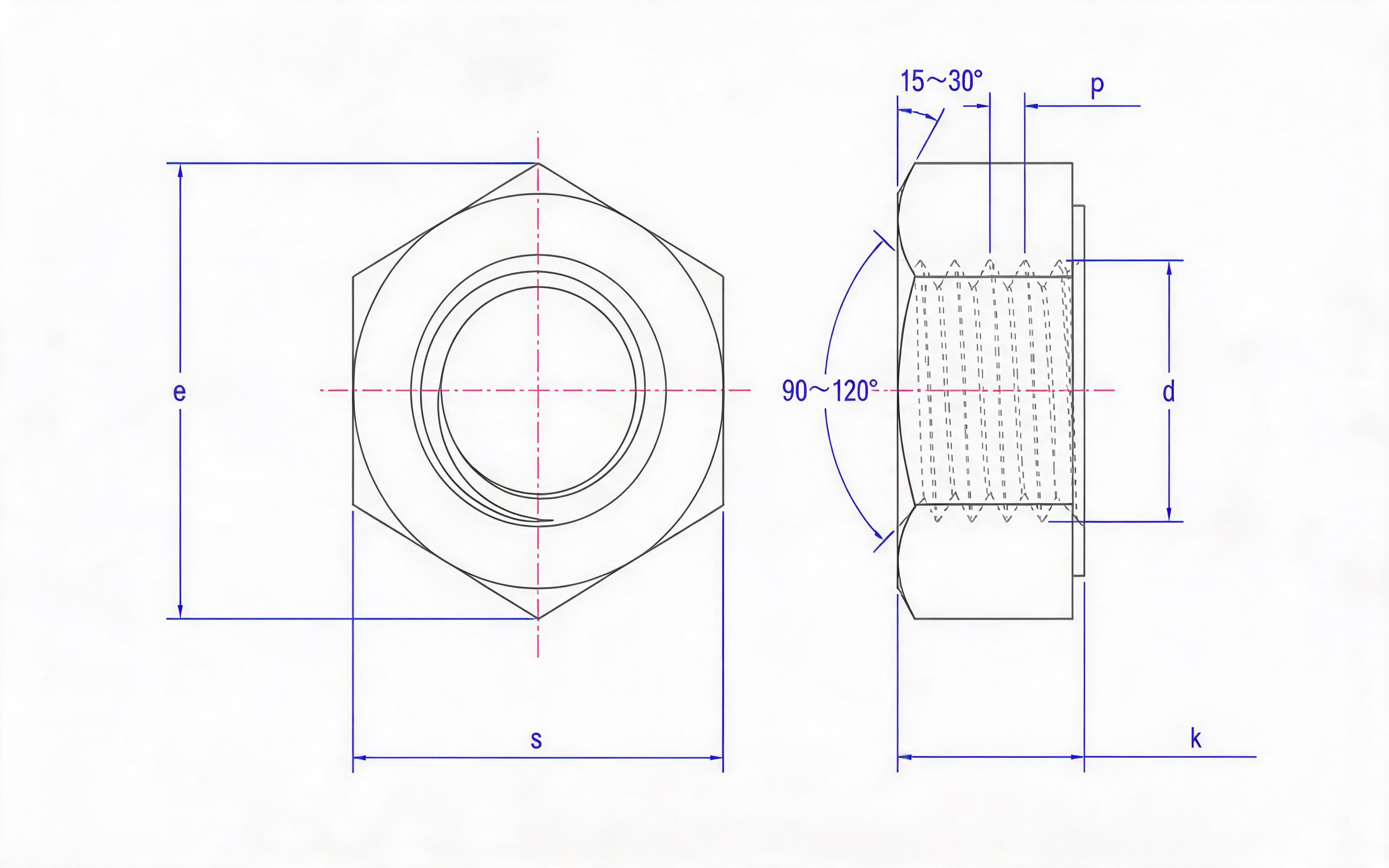 Type 1 single-chamfer hexagon fine thread nut Standard Drawing