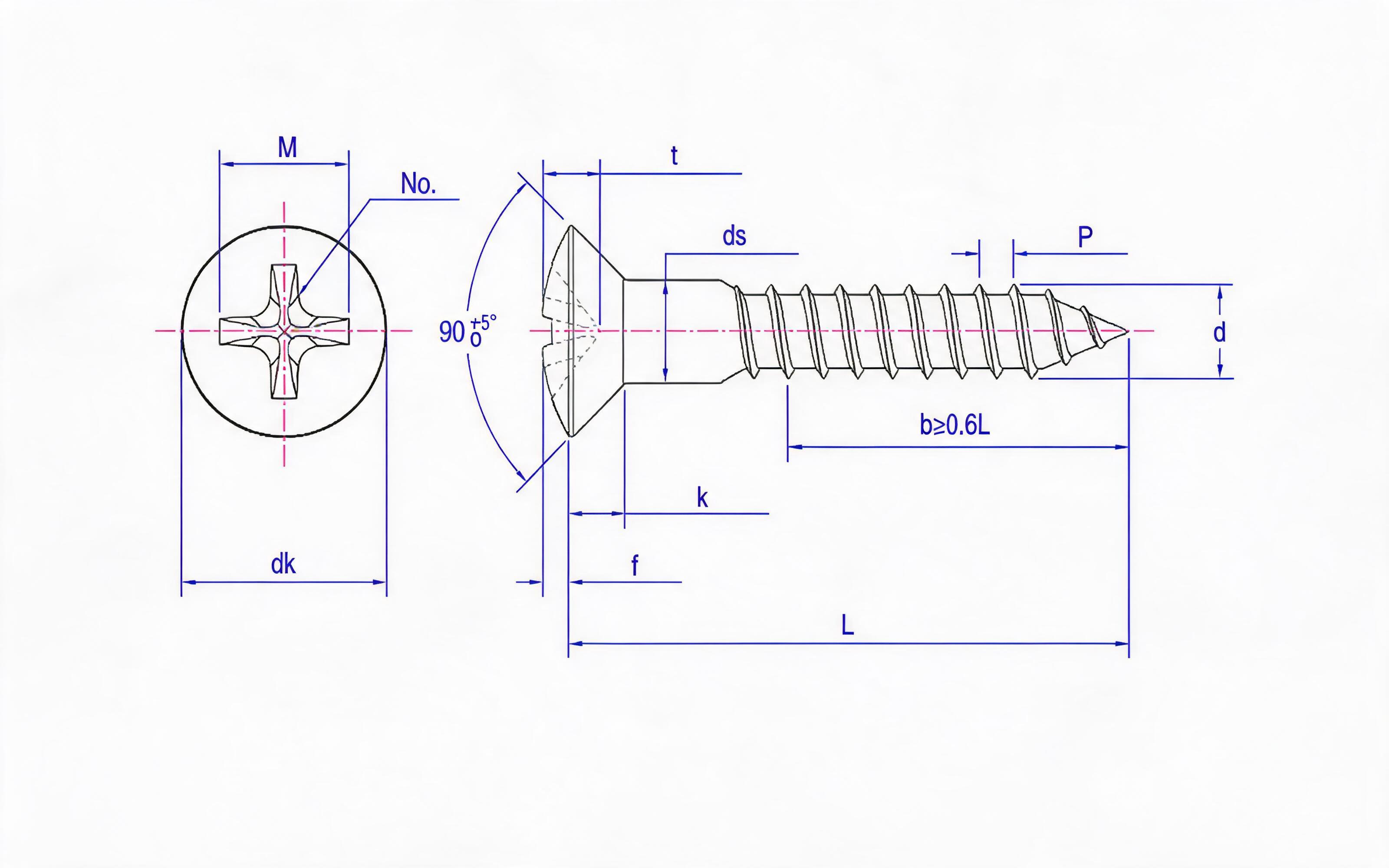 Cross recessed countersunk head wood screw (type H) Standard Drawing