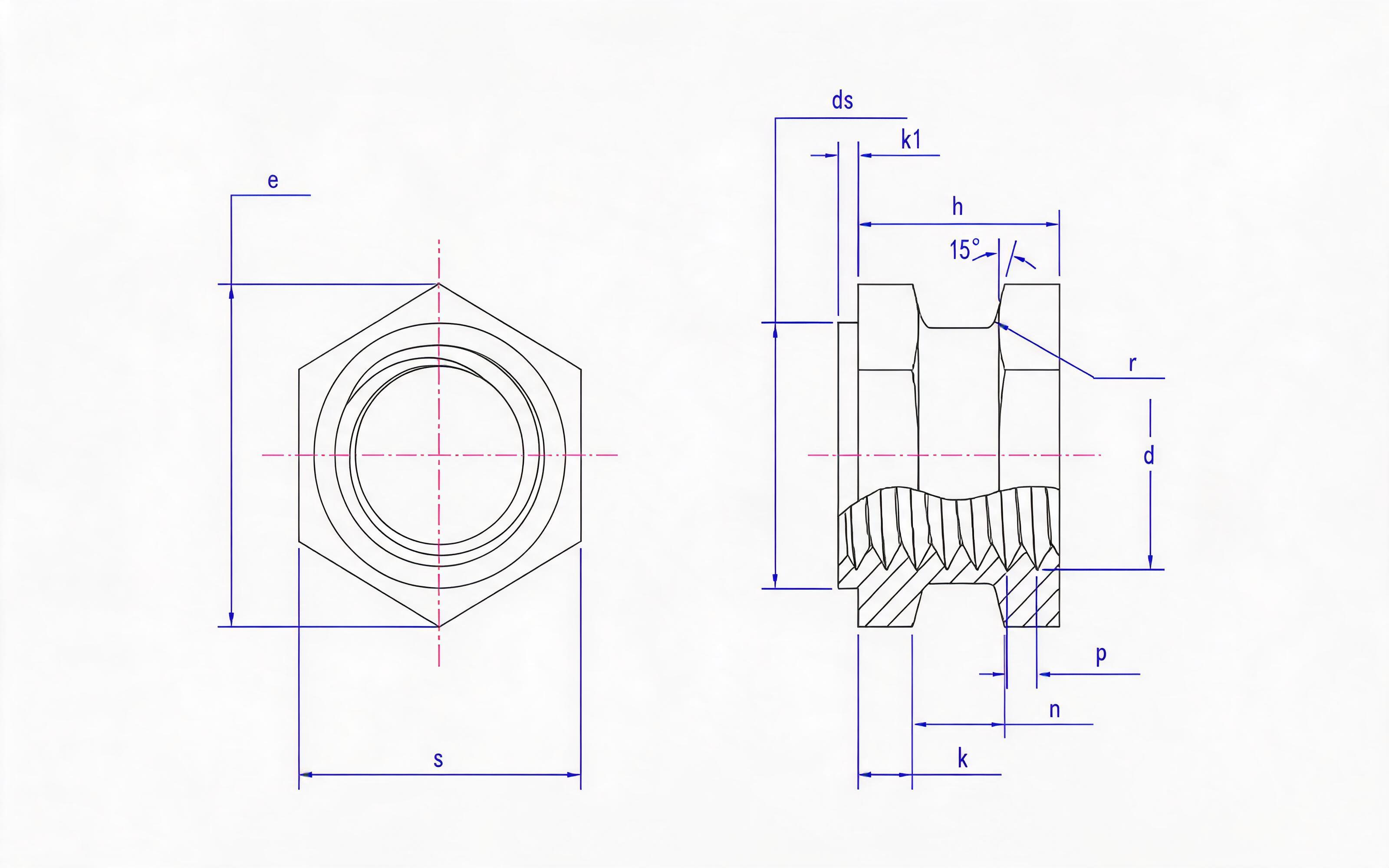Hexagon through hole middle slotted step insert nut (Type C) Standard Drawing