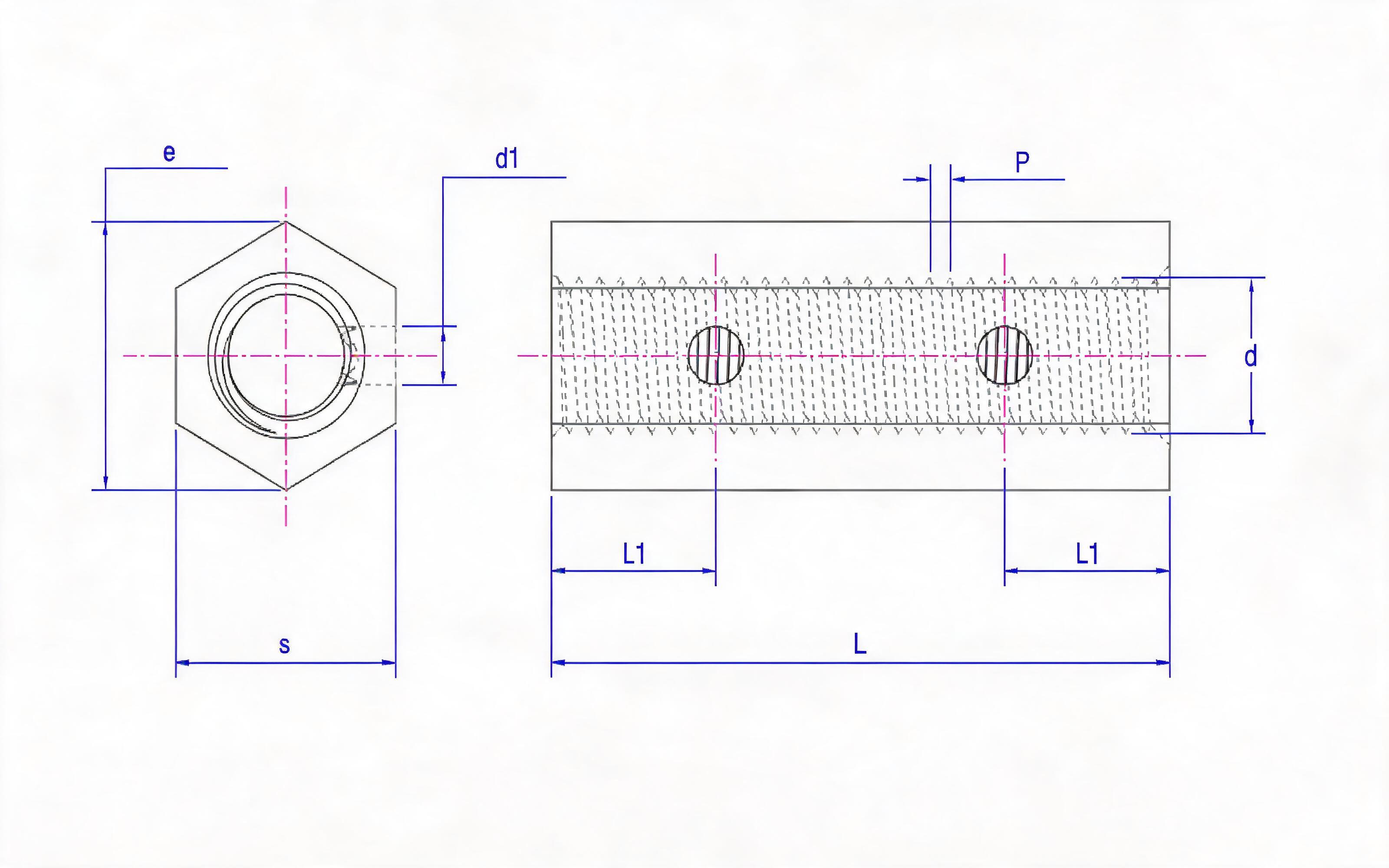 Side long hexagon nut with hole (M6 to M16) Standard Drawing