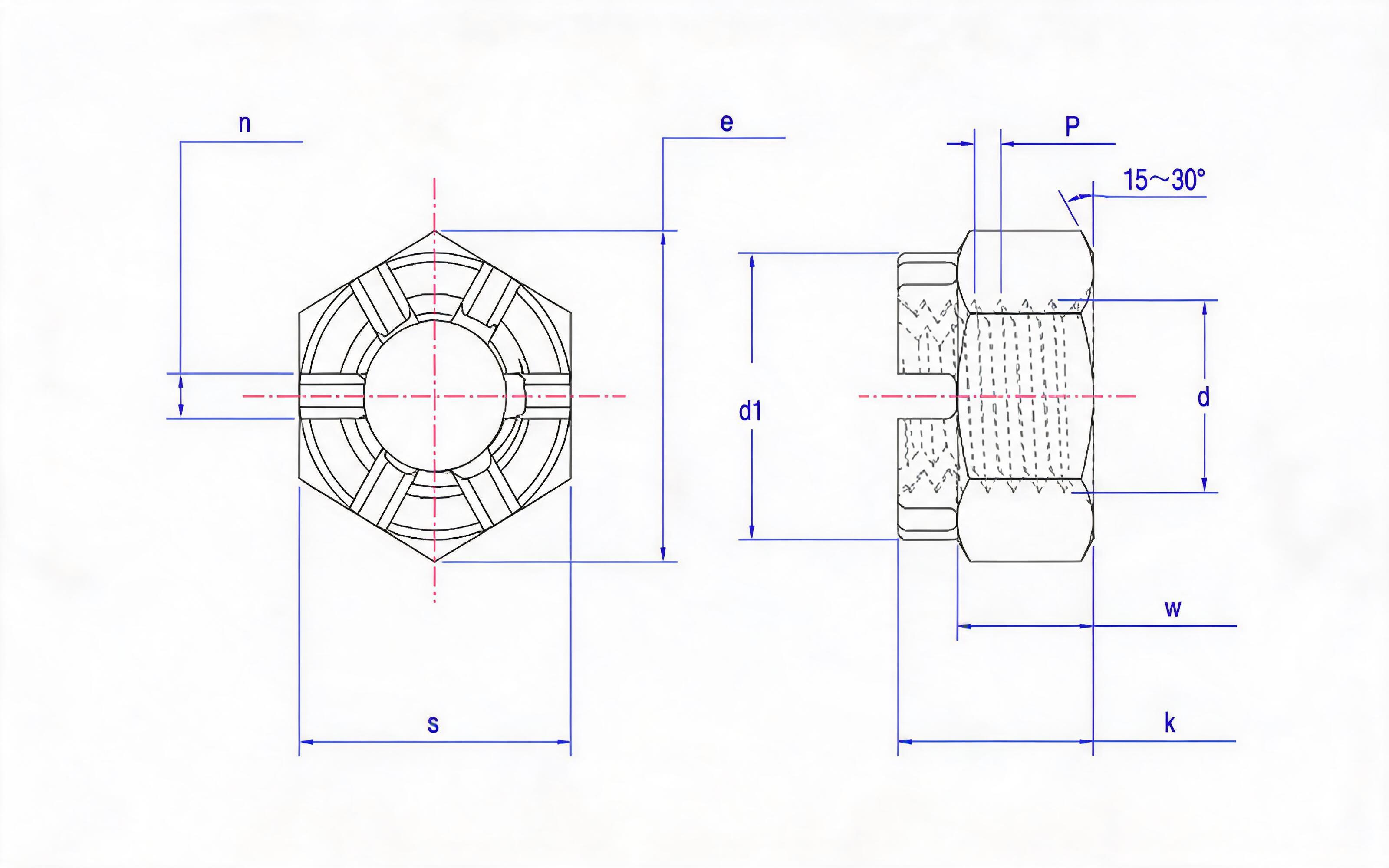 SLOTTED CROWN NUT Standard Drawing