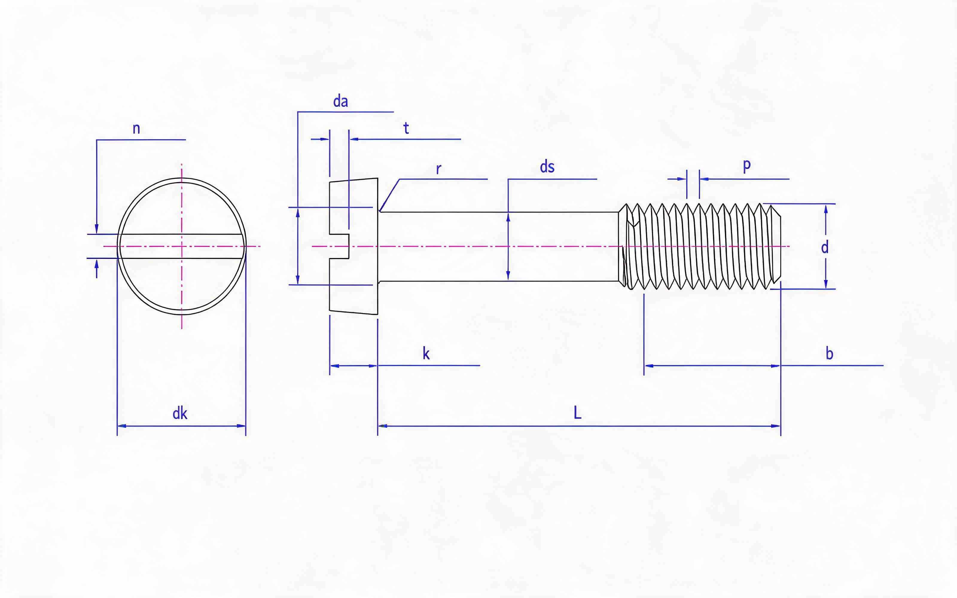 SLOTTED CYLINDRICAL HEAD WITHOUT SCREW L LONG THREAD (FLAT) Standard Drawing