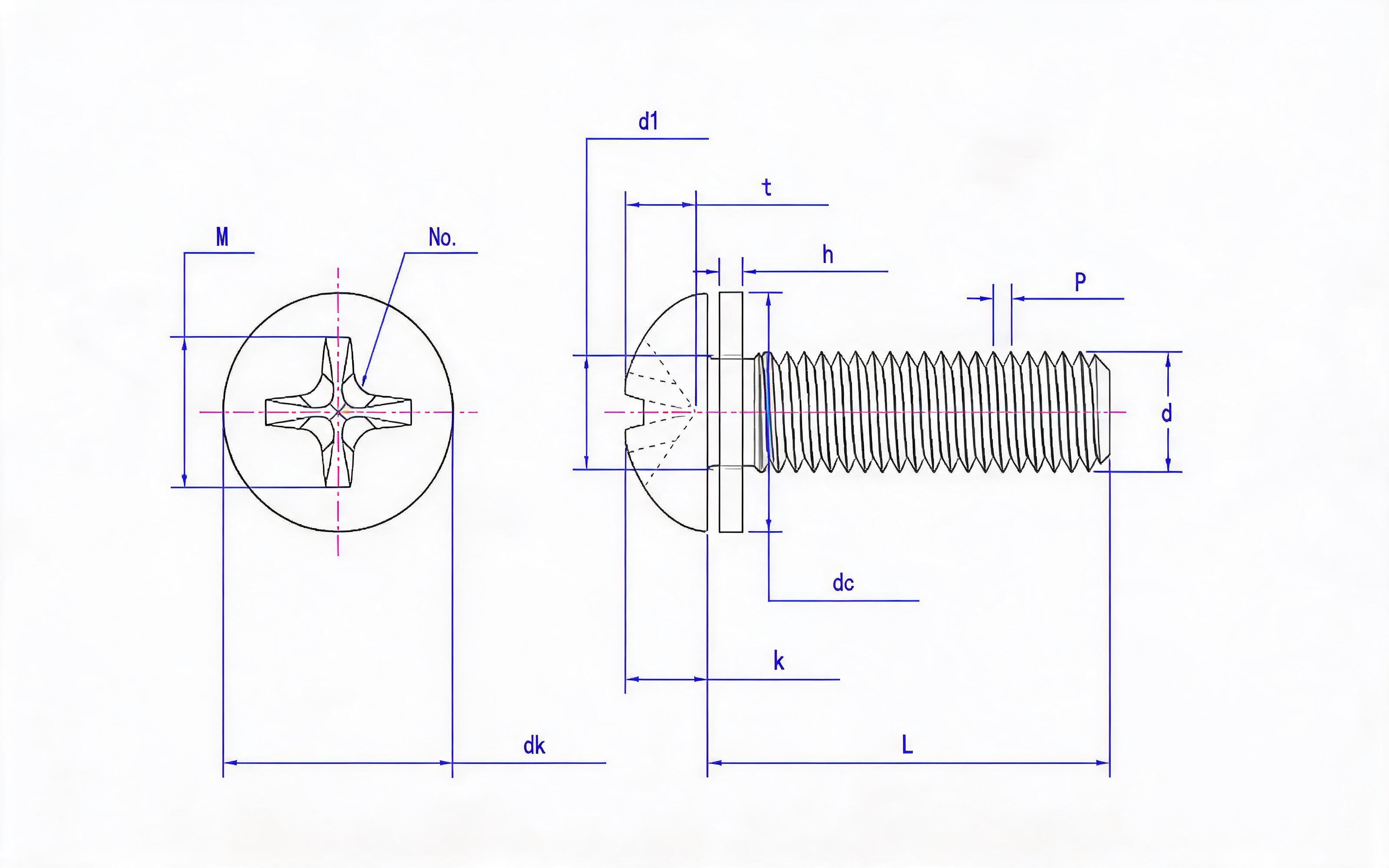 Cross recessed pan-head screw (H-groove) and flat washer combination (ISO 7045) Standard Drawing