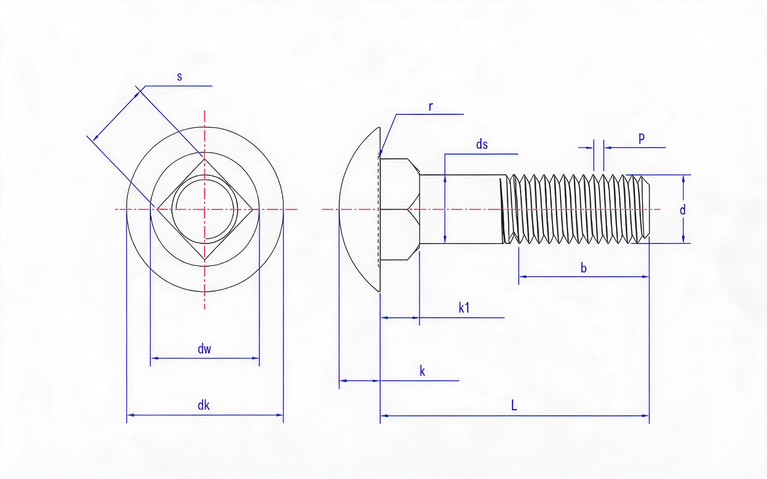 Type A reinforced round head square neck bolt Standard Drawing