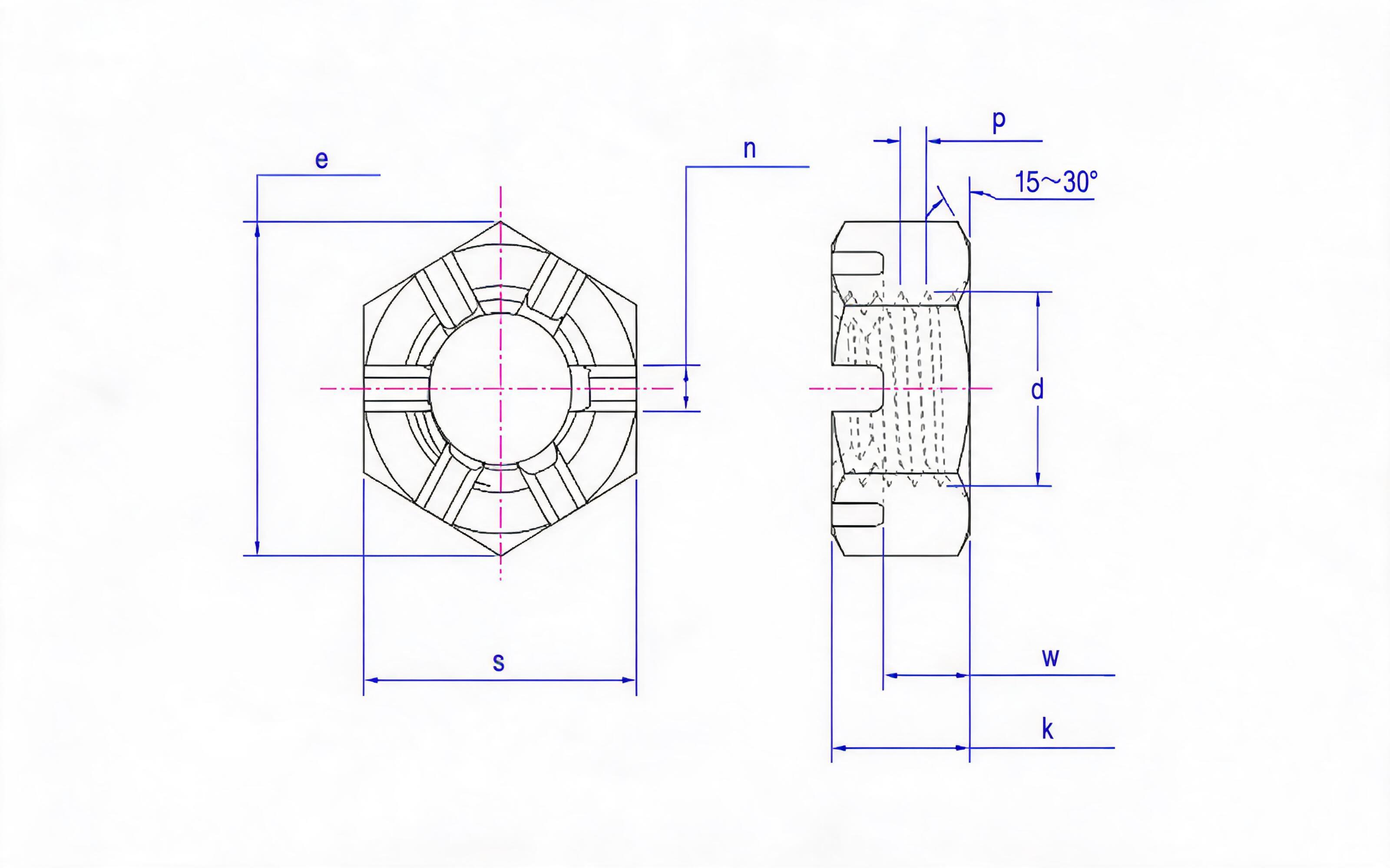 Hexagon castle nut Standard Drawing