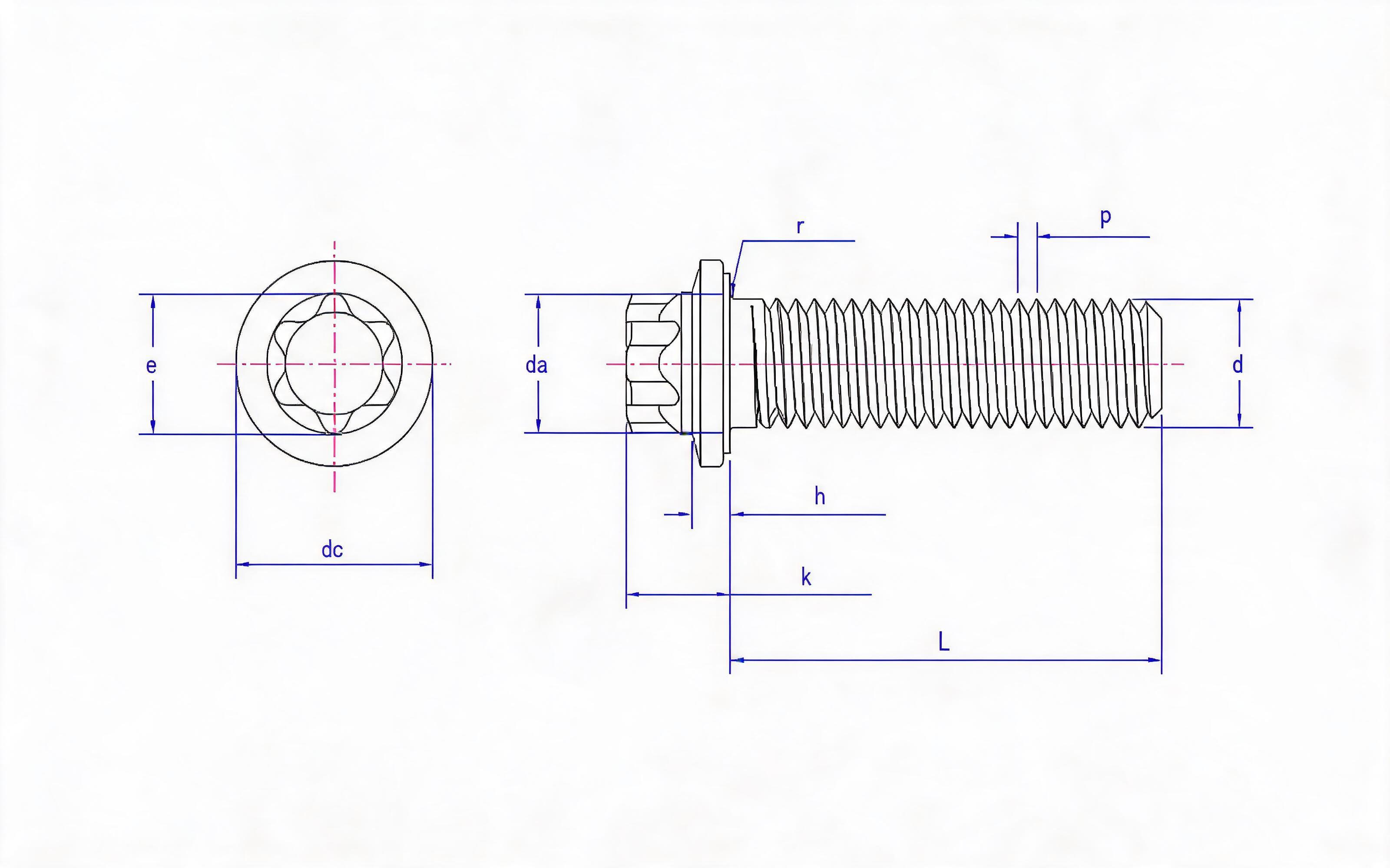 Small flange bolt of torx head fine rod (L ≤ 10d) Standard Drawing