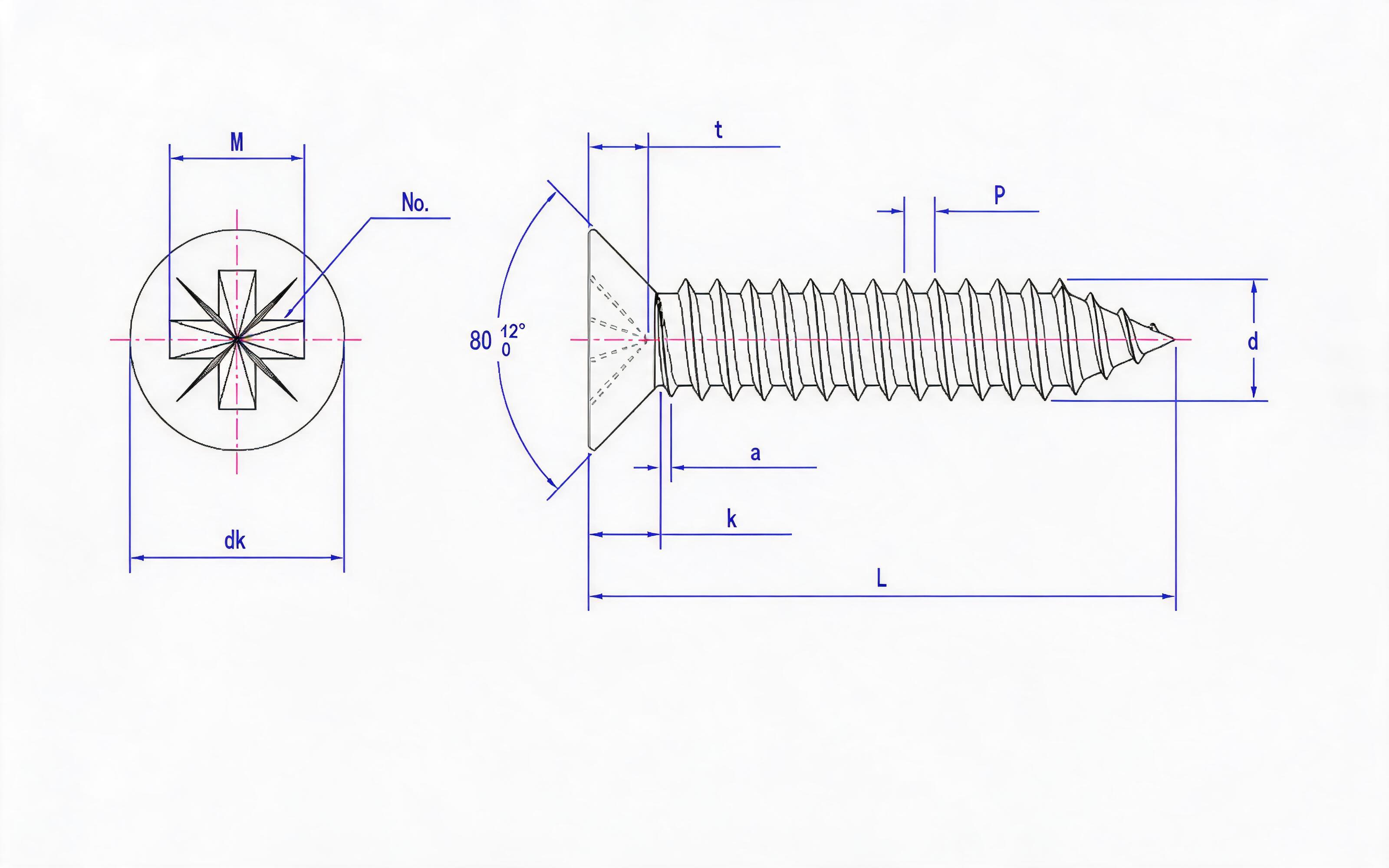 Type C countersunk head self-tapping screw with herringbone groove Standard Drawing