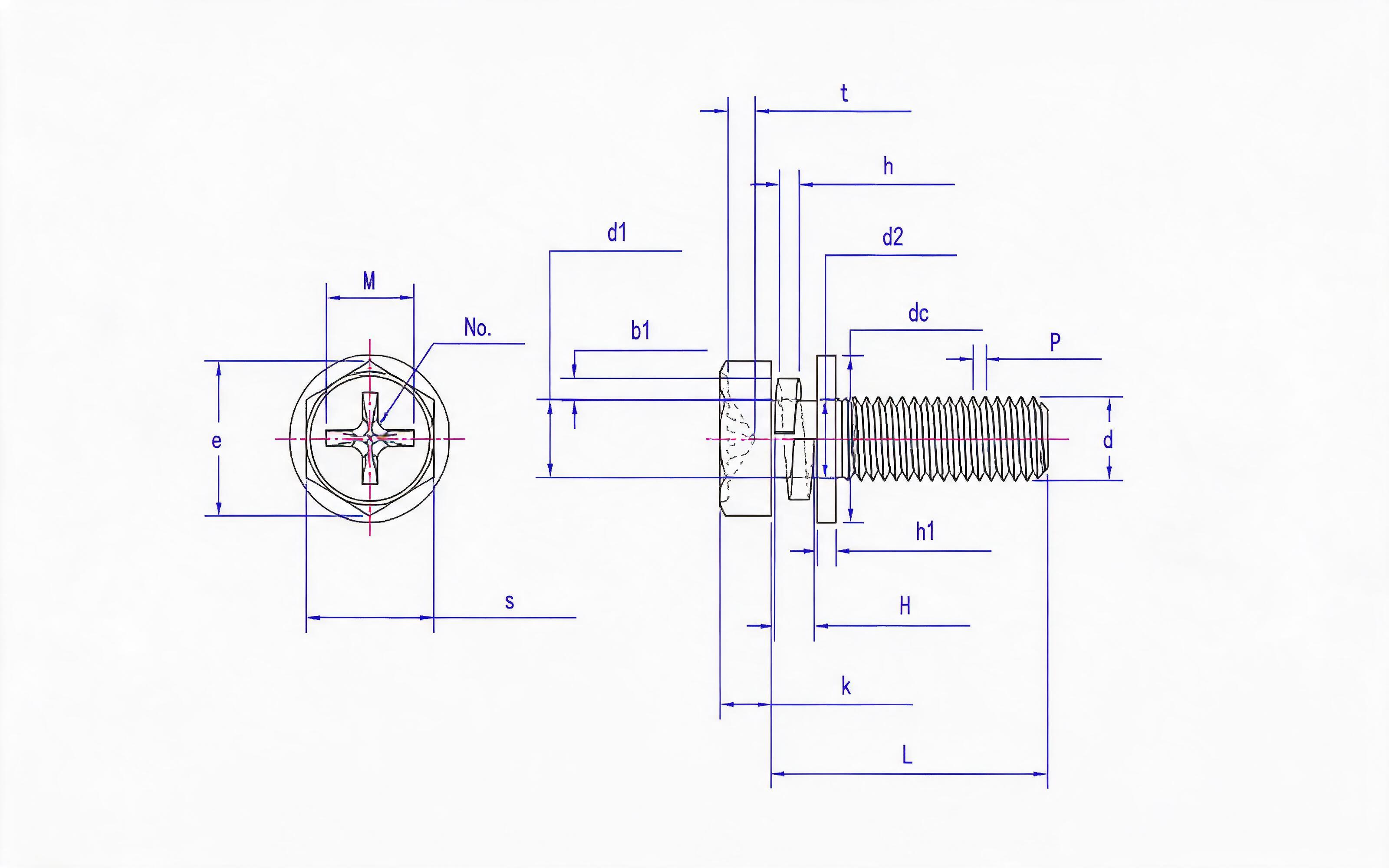 Cross recessed hexagon bolt, spring washer and flat washer combination Standard Drawing