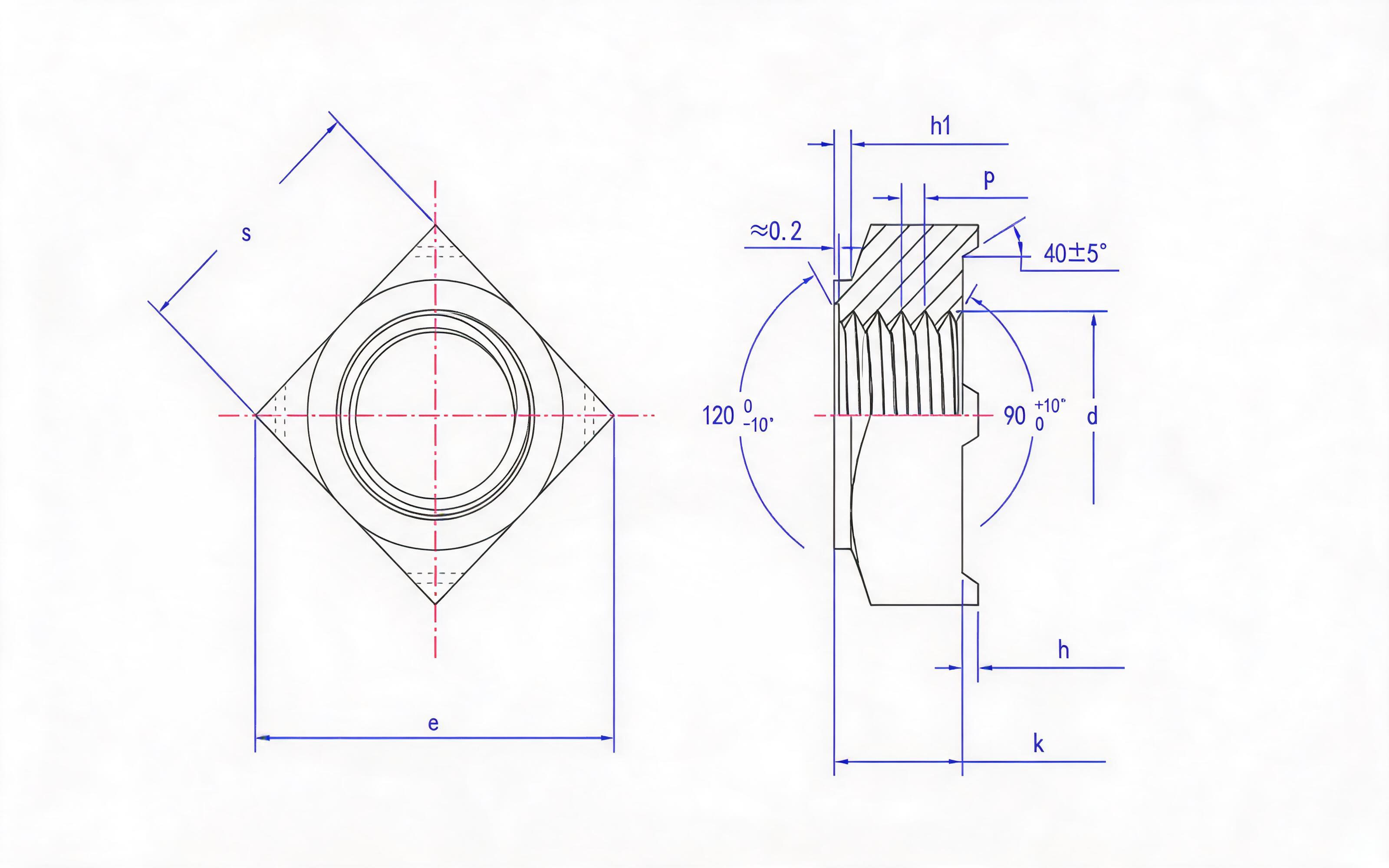 Unified thread square welding nut Standard Drawing