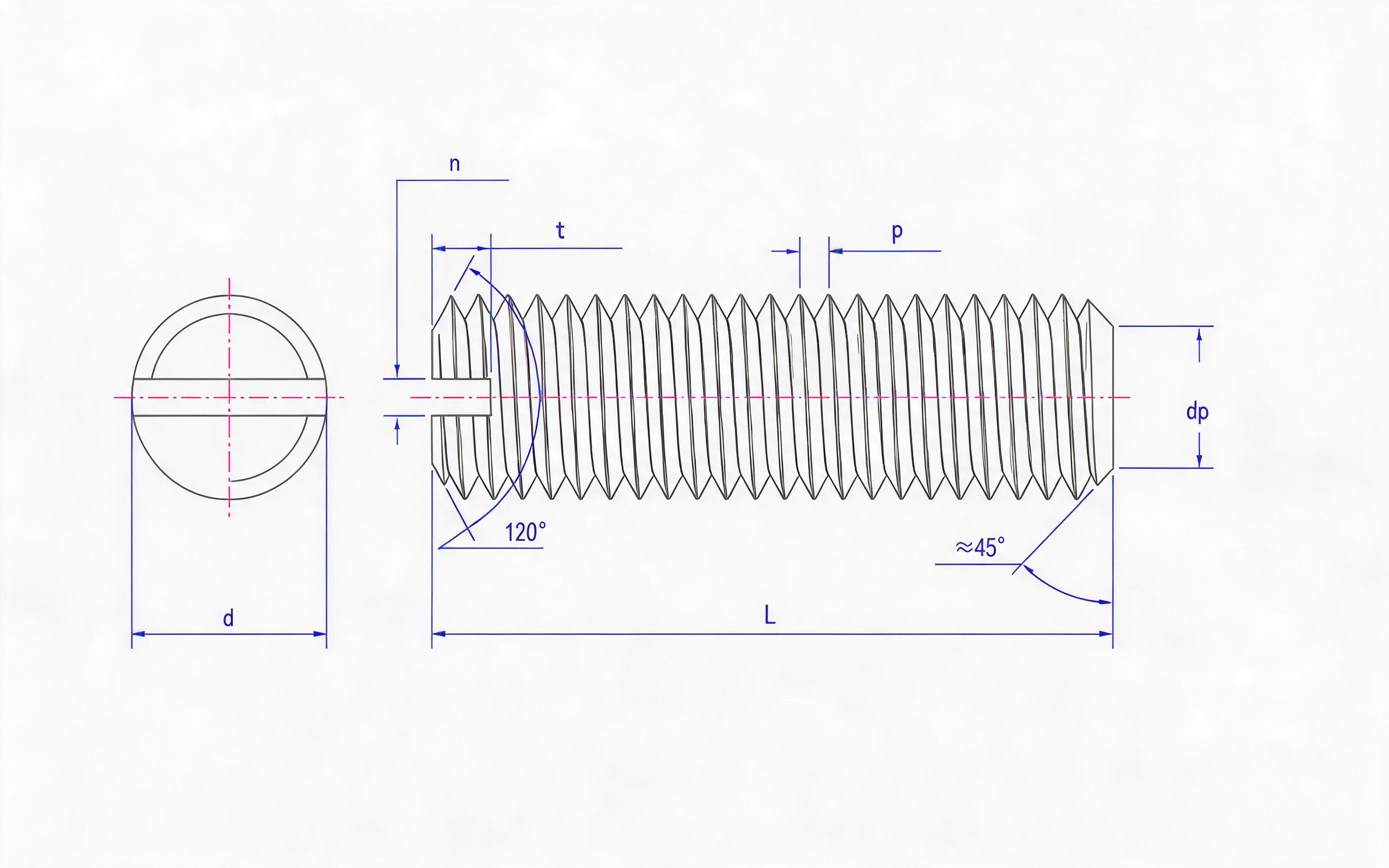 Slotted flat end set screw Standard Drawing