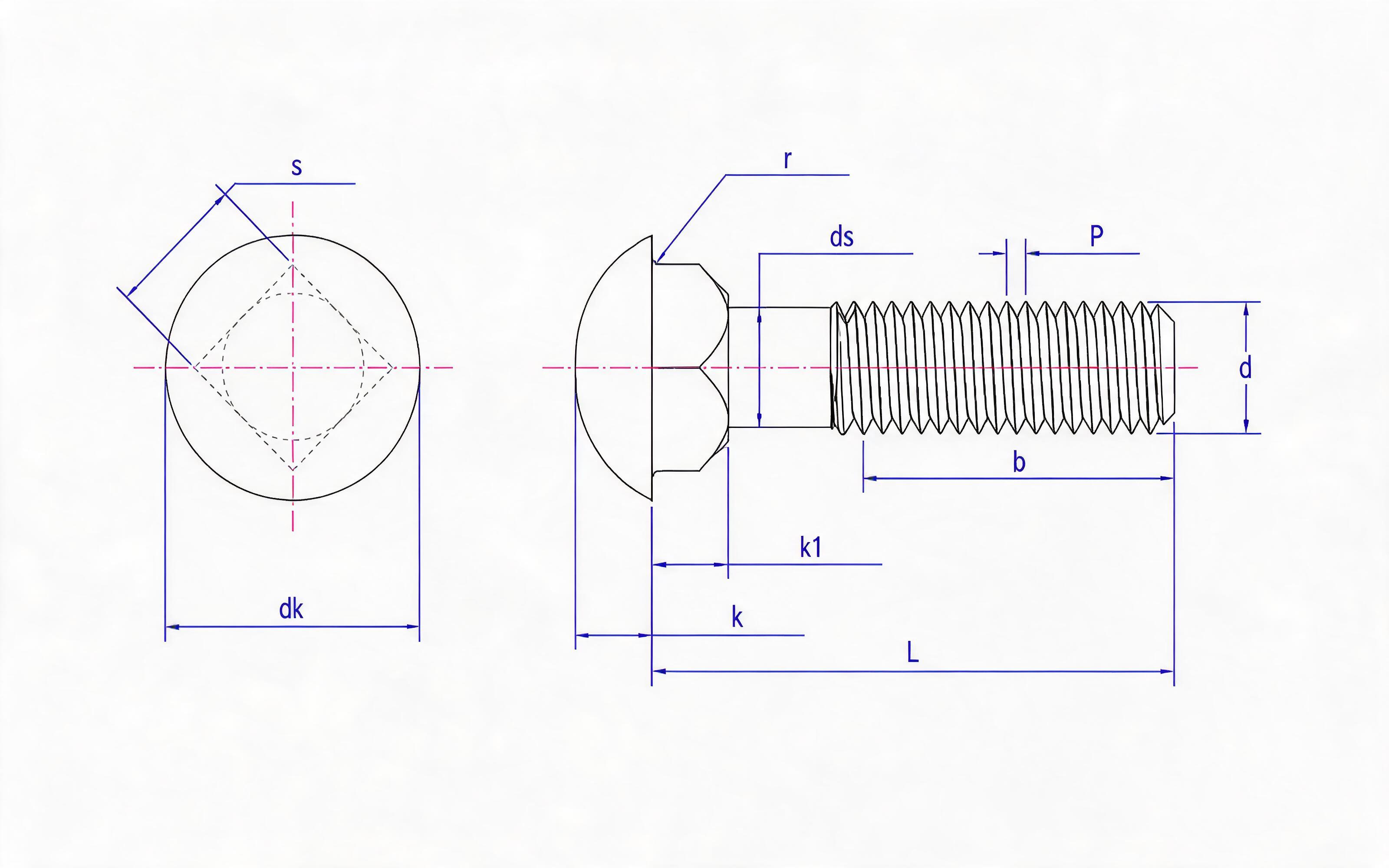 Round head square neck bolt Standard Drawing