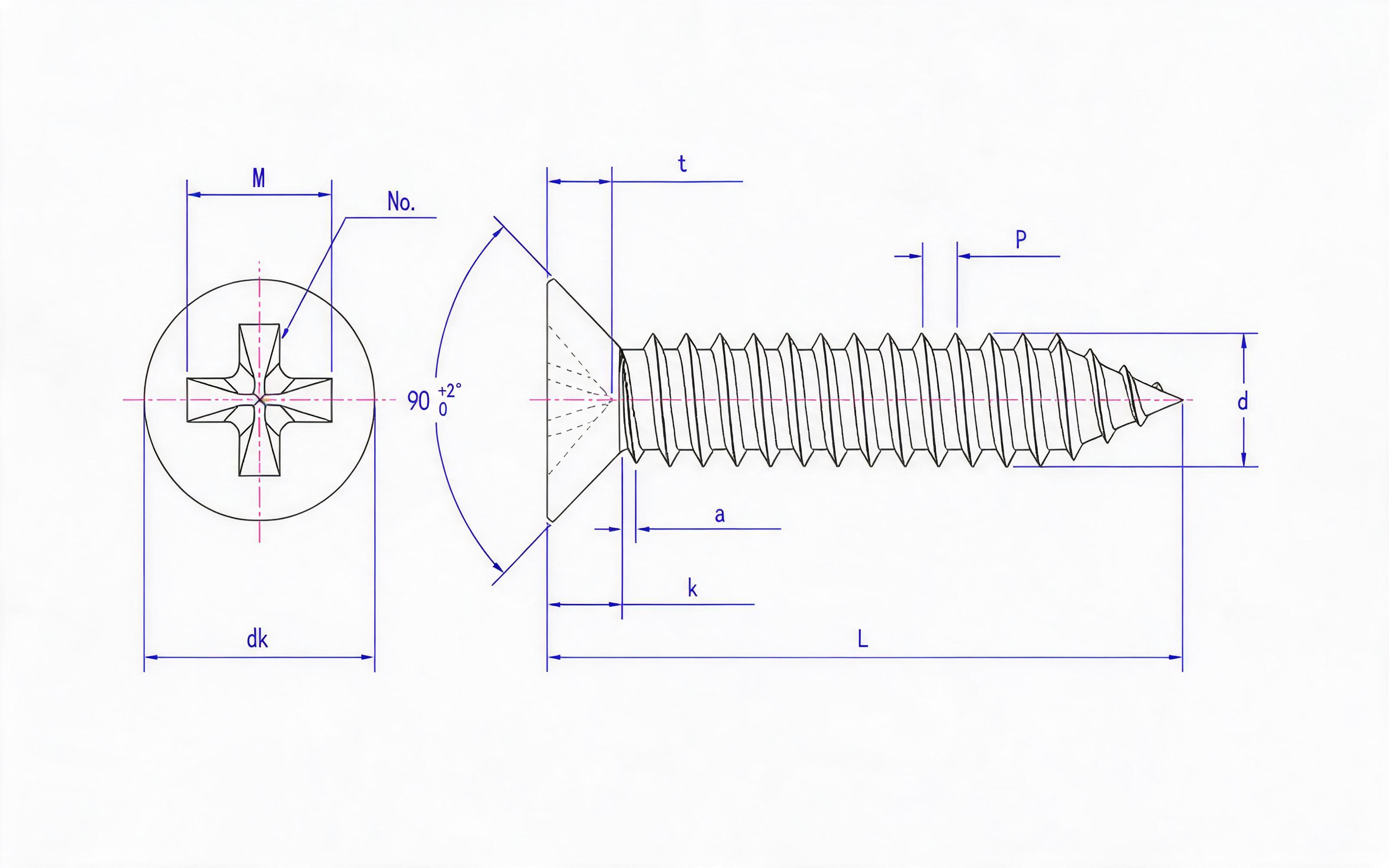 Cross recessed countersunk head self-tapping screw Type C Standard Drawing