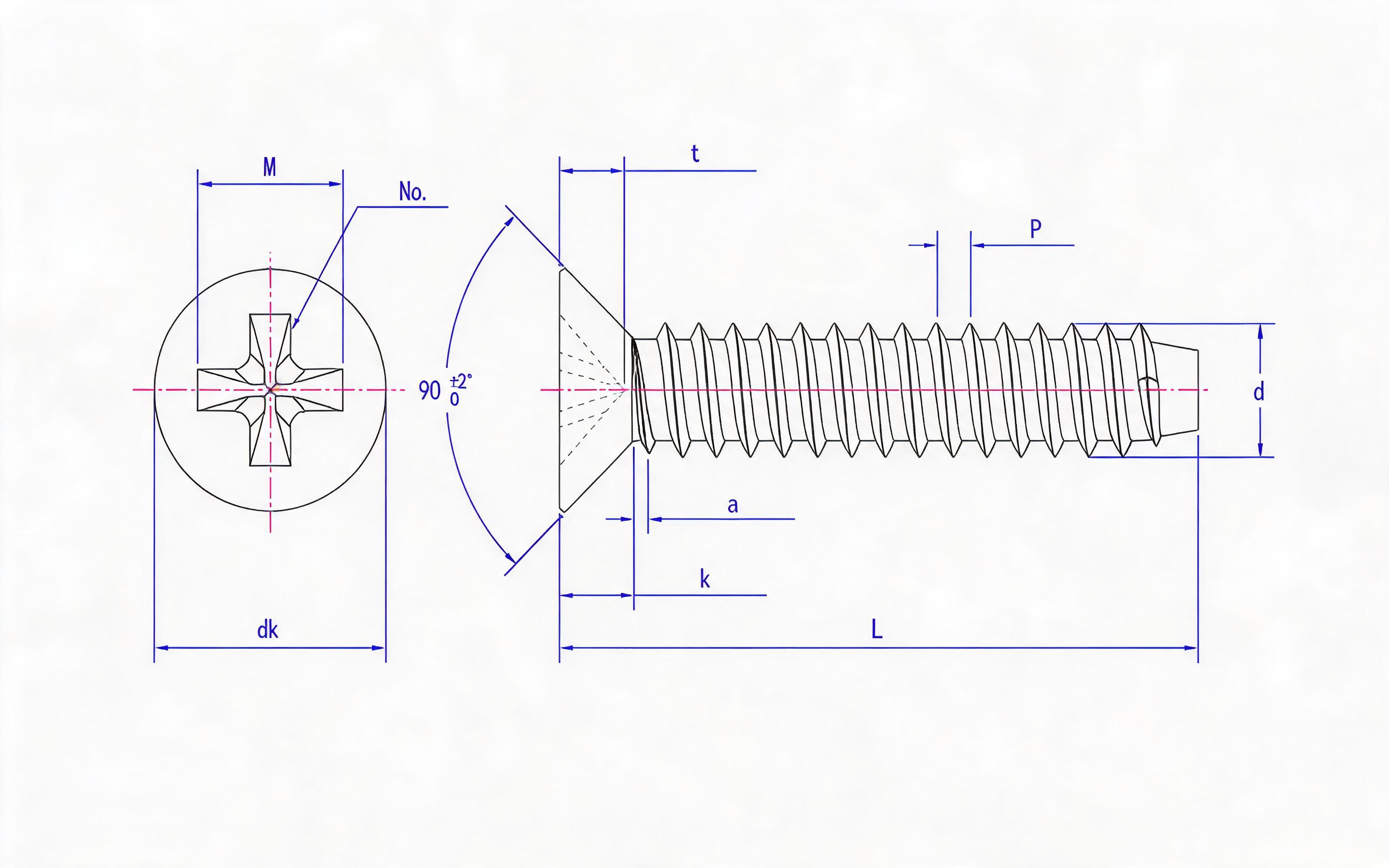 Cross recessed countersunk head self-tapping screw F-type Standard Drawing