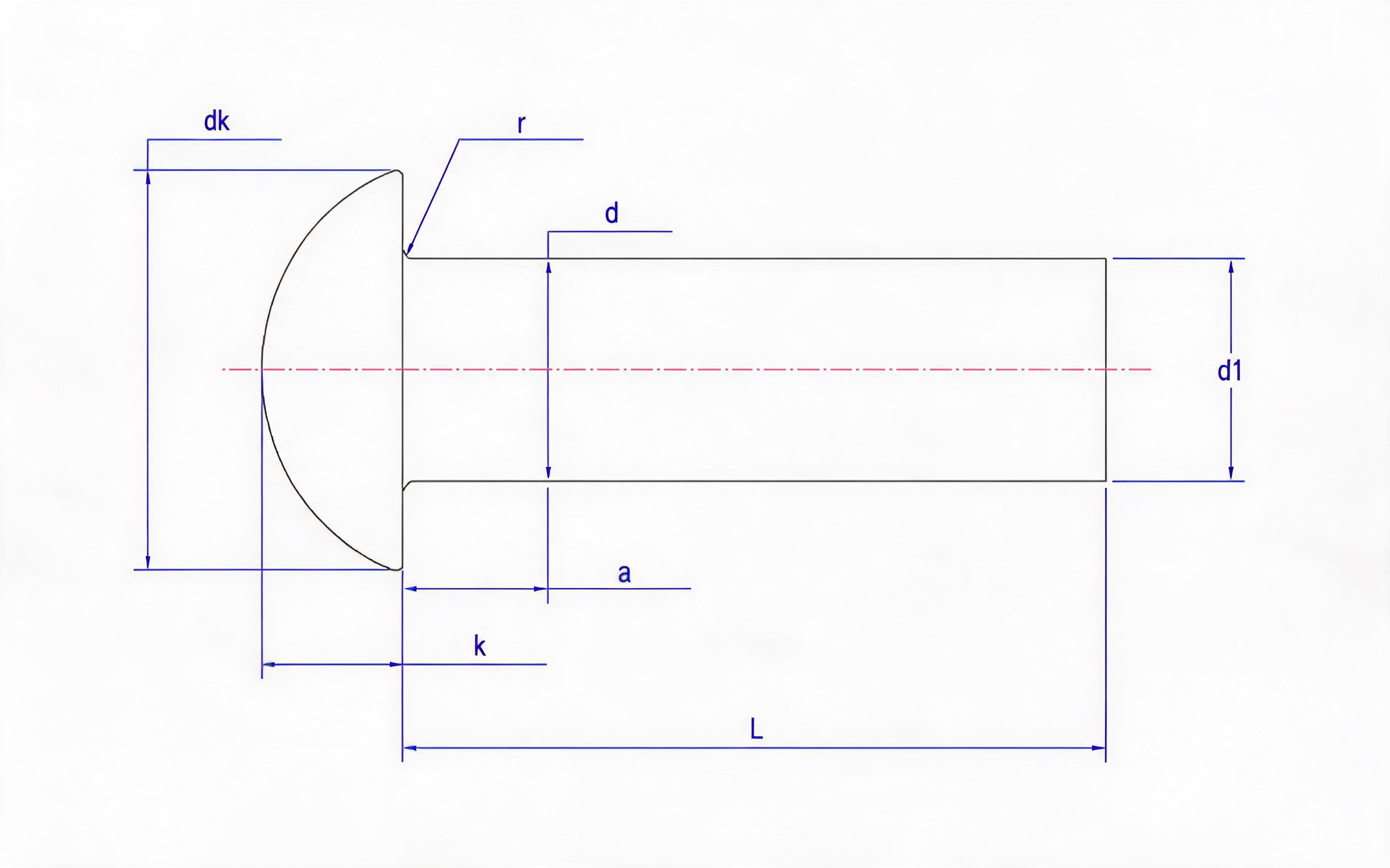Round head rivets (diameter 1 to 8mm) Standard Drawing