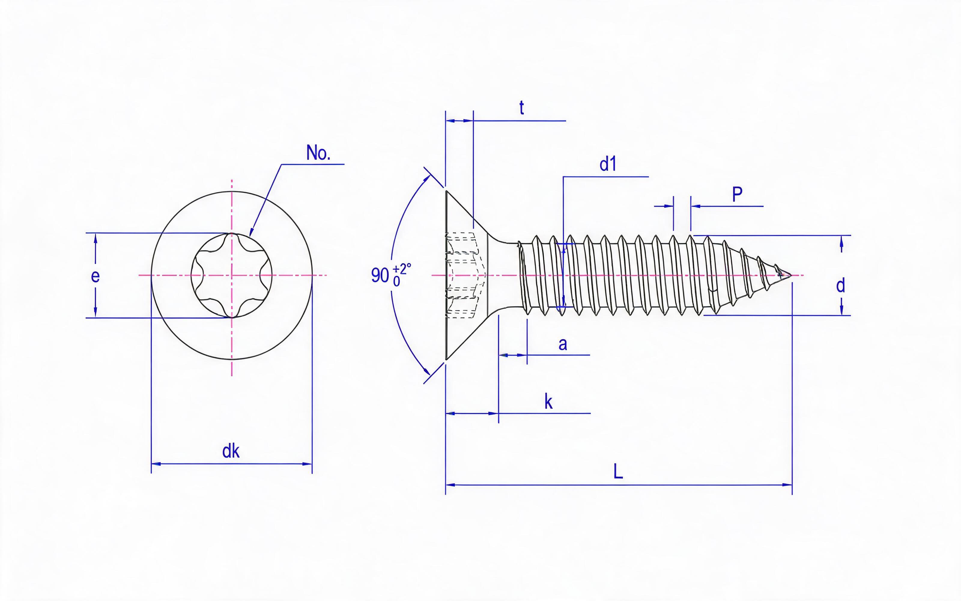 Torx recessed countersunk head self-tapping screw type C Standard Drawing