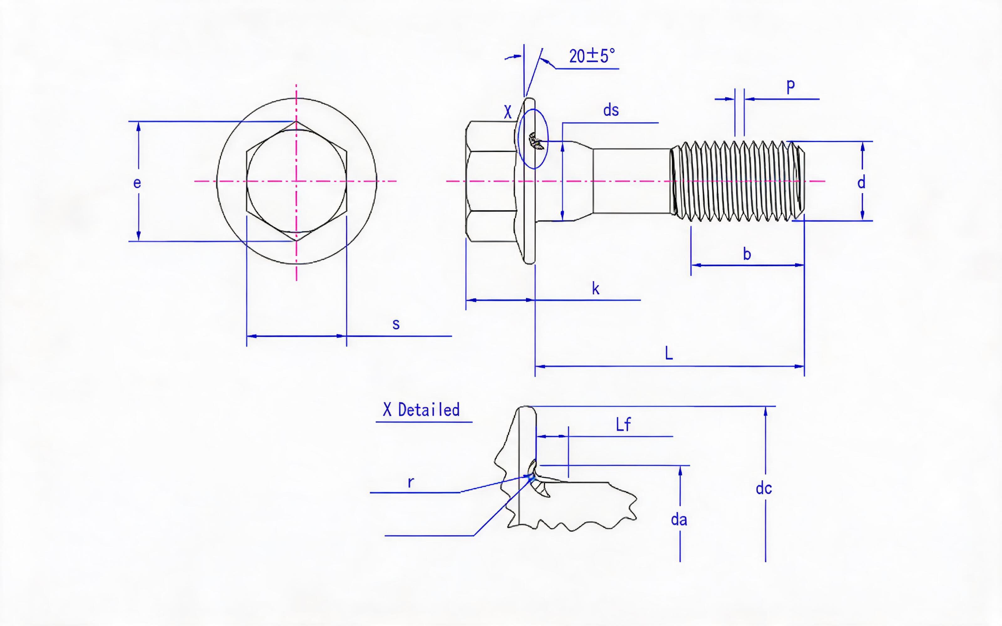 Hexagon flange bolt thin rod (U-standard) Standard Drawing