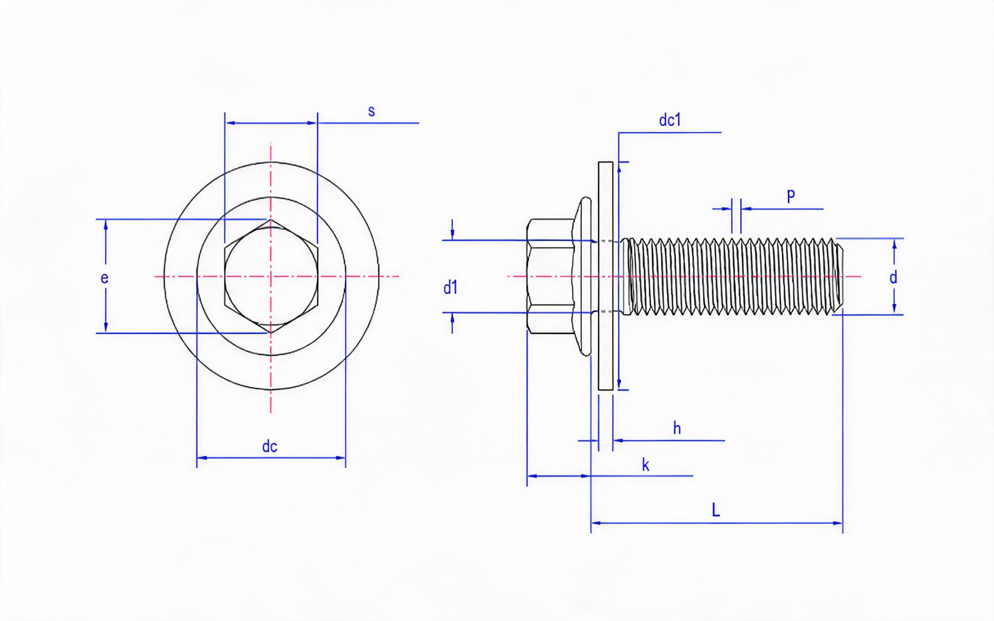 Hexagon flange bolt Small series fine thread (U-shaped) and large flat washer combination Standard Drawing