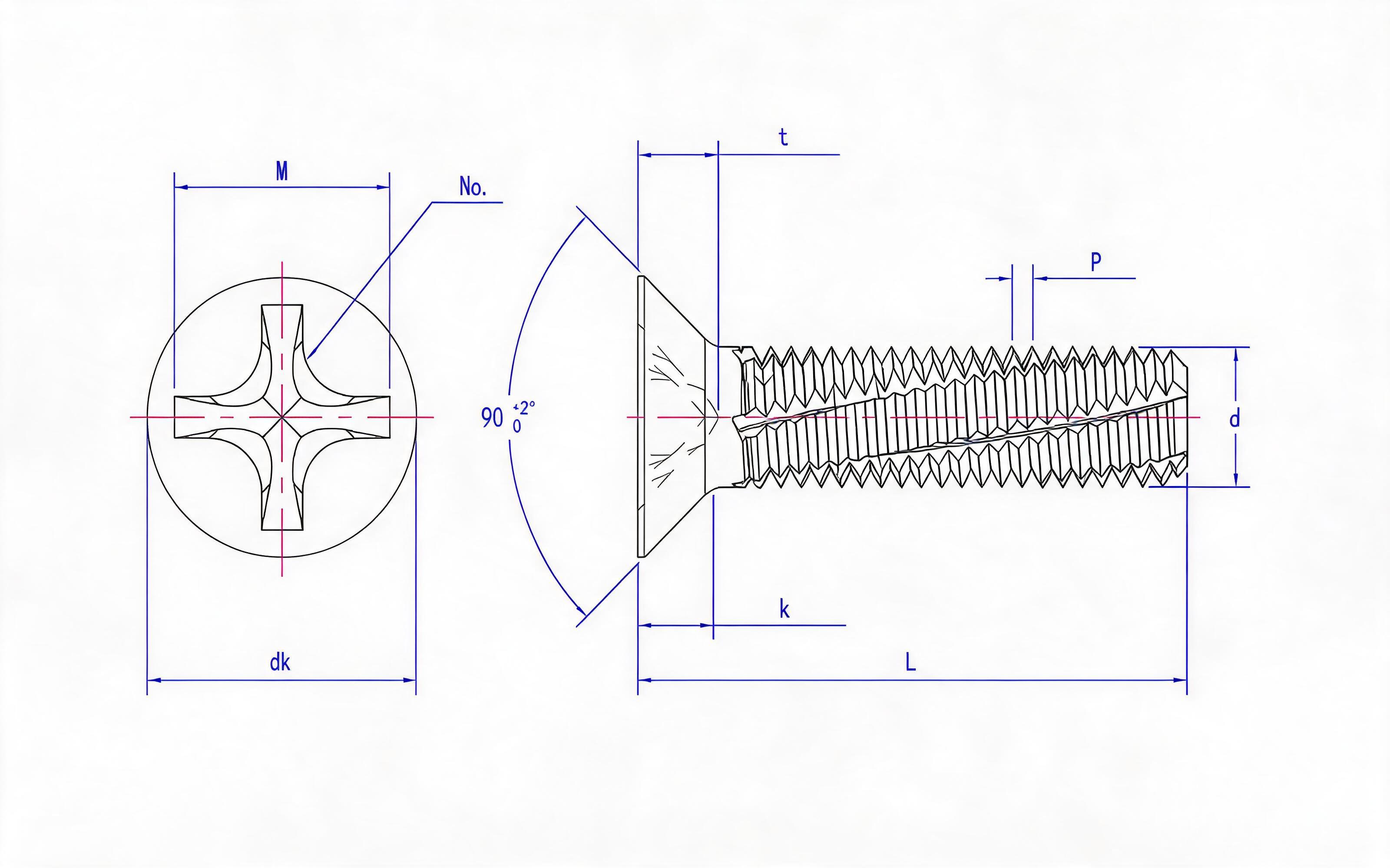 Cross recessed countersunk head cutting screw (type H) Standard Drawing