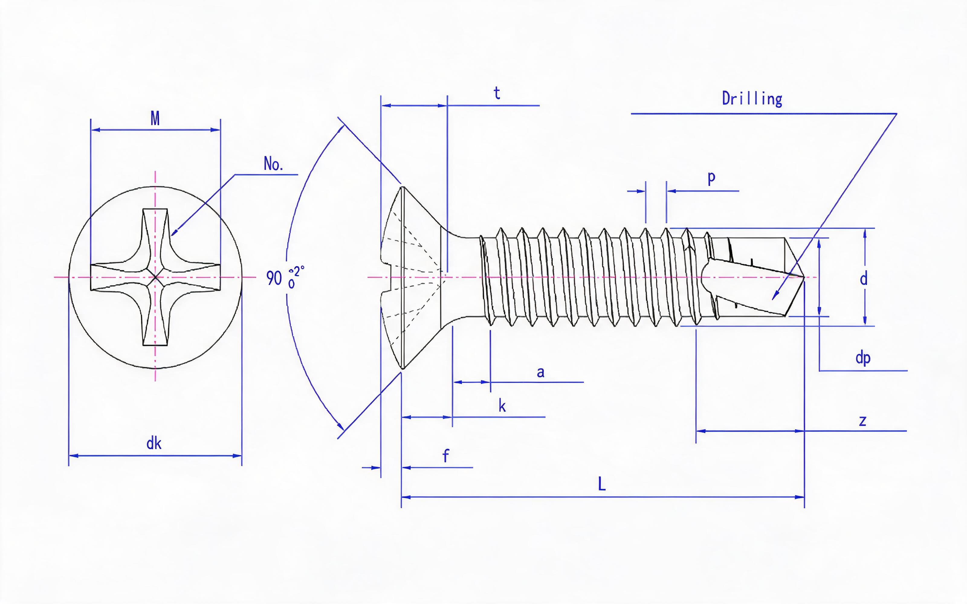 Cross recessed countersunk head self-tapping screw (H type) Standard Drawing