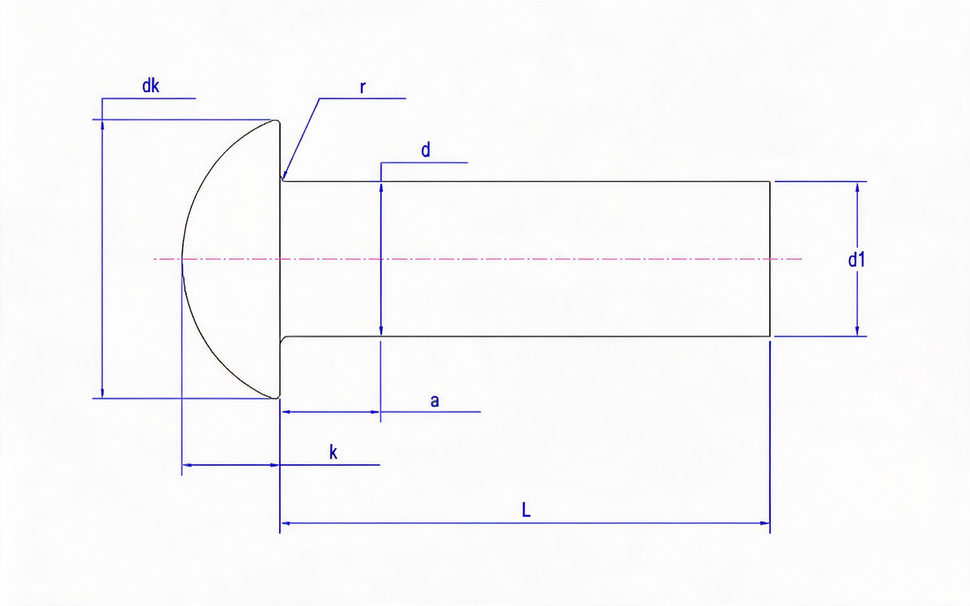 Round head rivets (1.6 to 6 mm diameter) Standard Drawing
