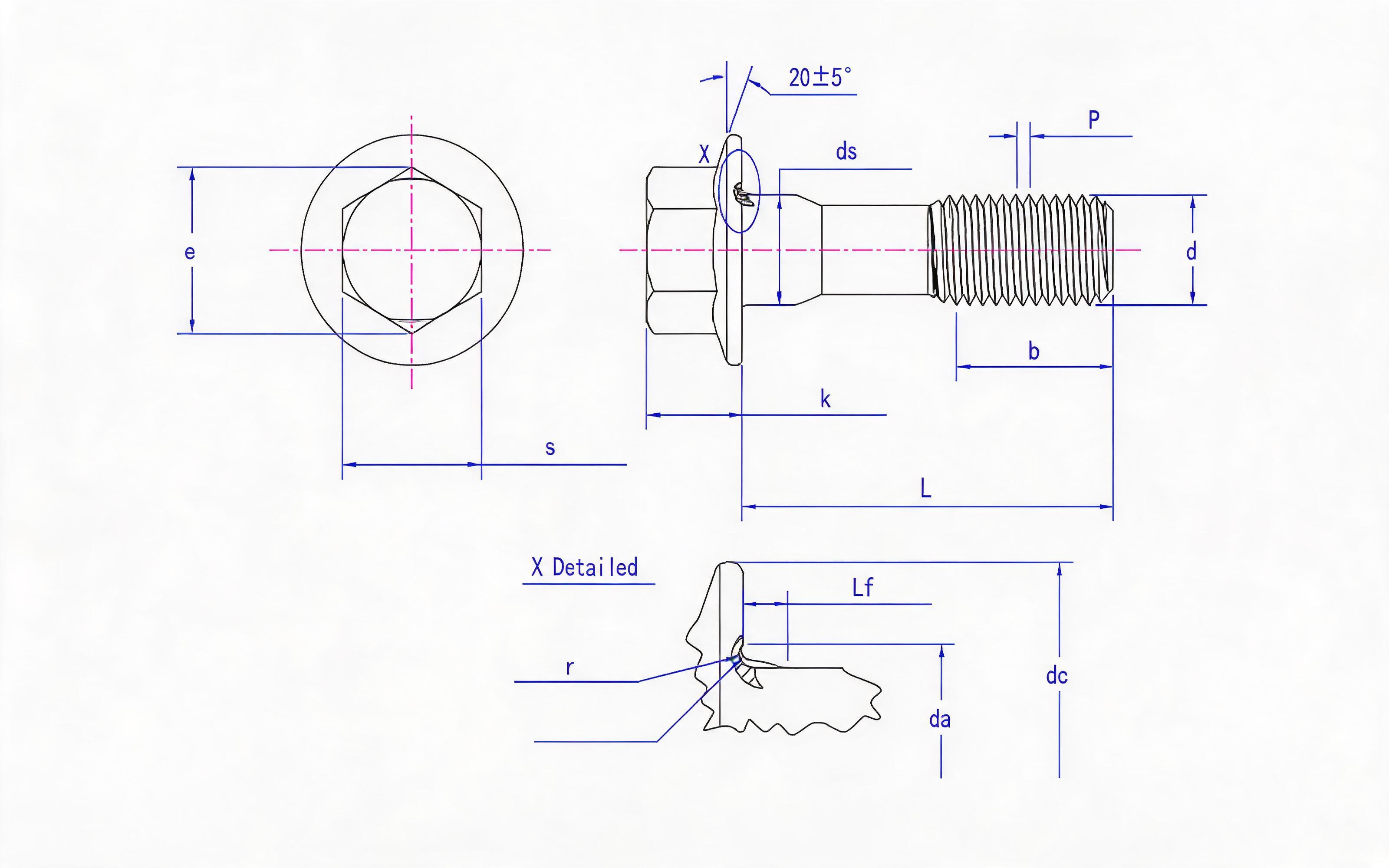 Hexagon flange fine shank bolt fine thread small series (U standard) Standard Drawing