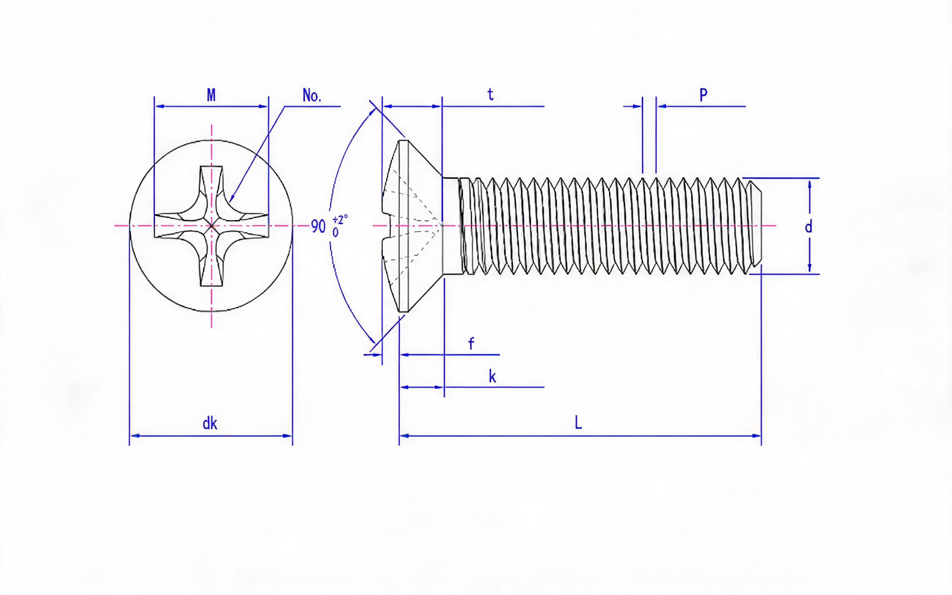 Cross recessed countersunk head screw (H-groove) Standard Drawing