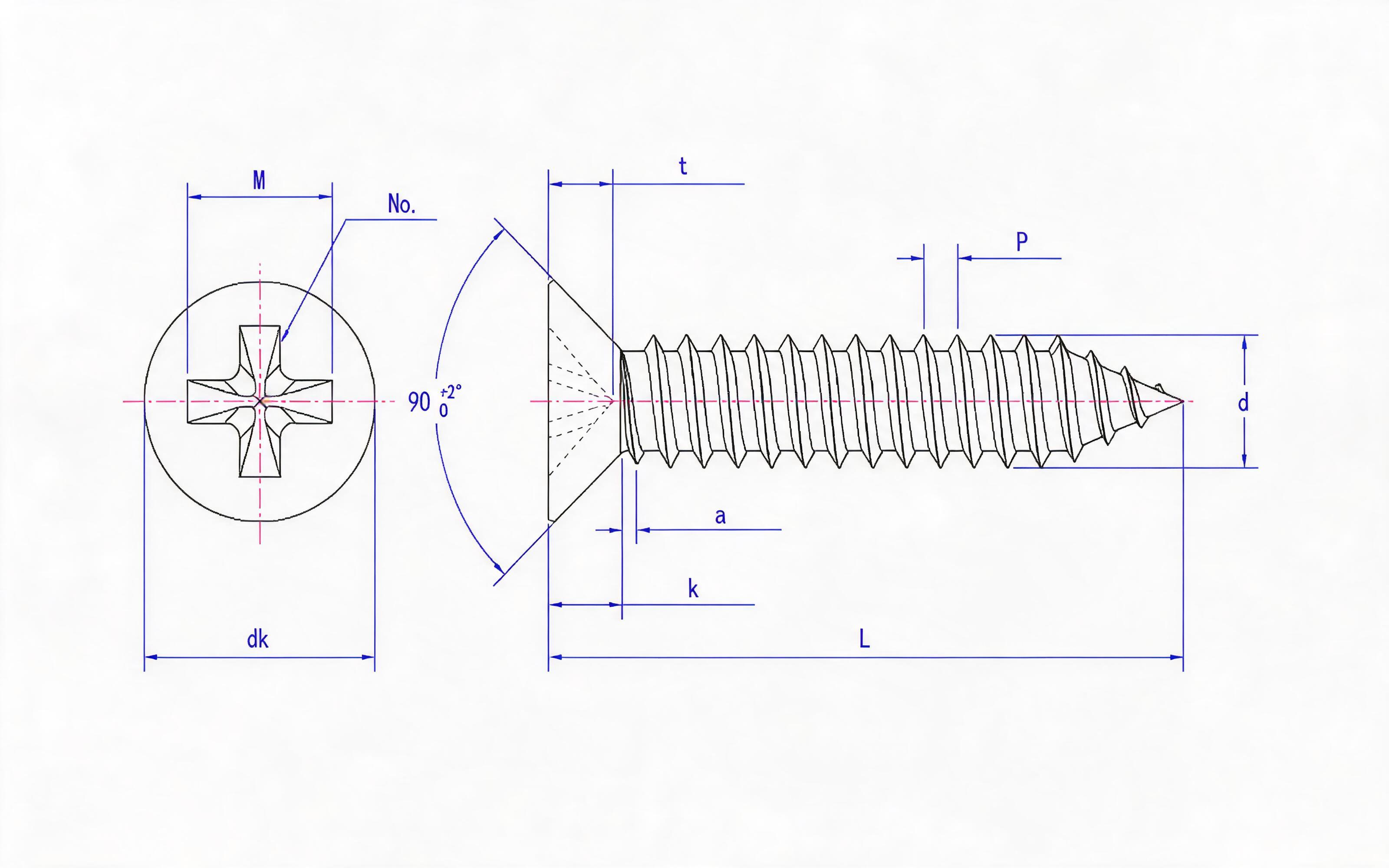 Cross recessed countersunk head self-tapping screw Type C Standard Drawing