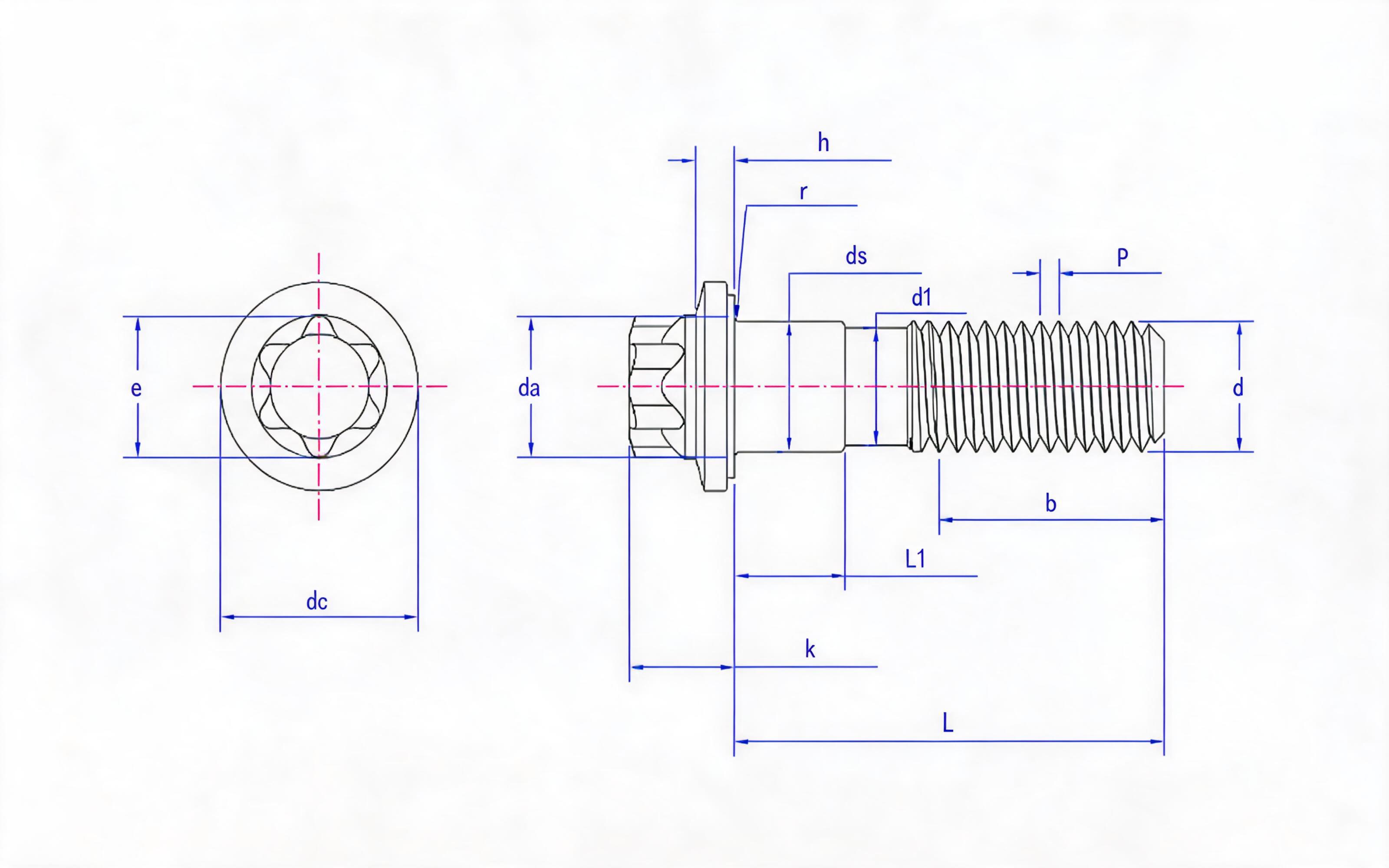 Large flange bolt of torx head fine rod (L>10d) Standard Drawing