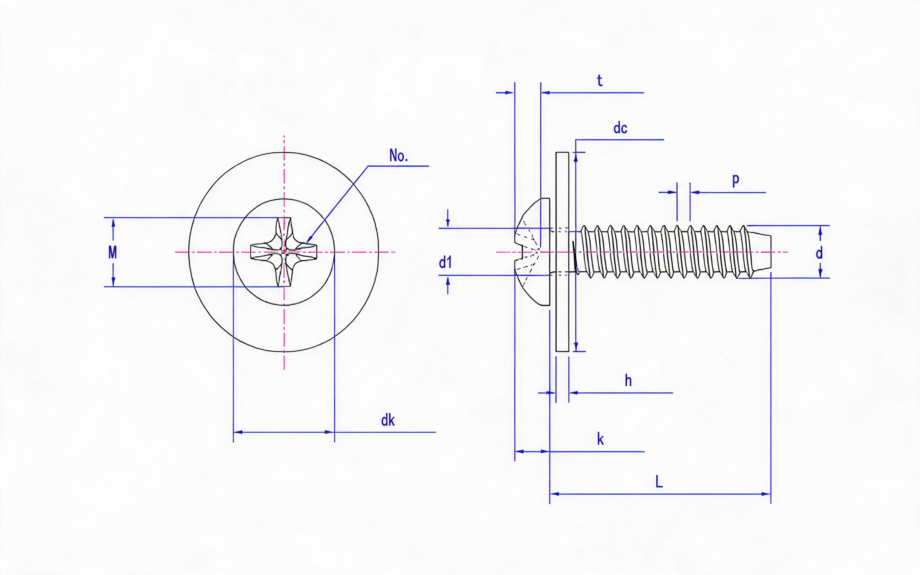 Combination of cross recessed panhead self-tapping screw and large flat washer Type F Standard Drawing