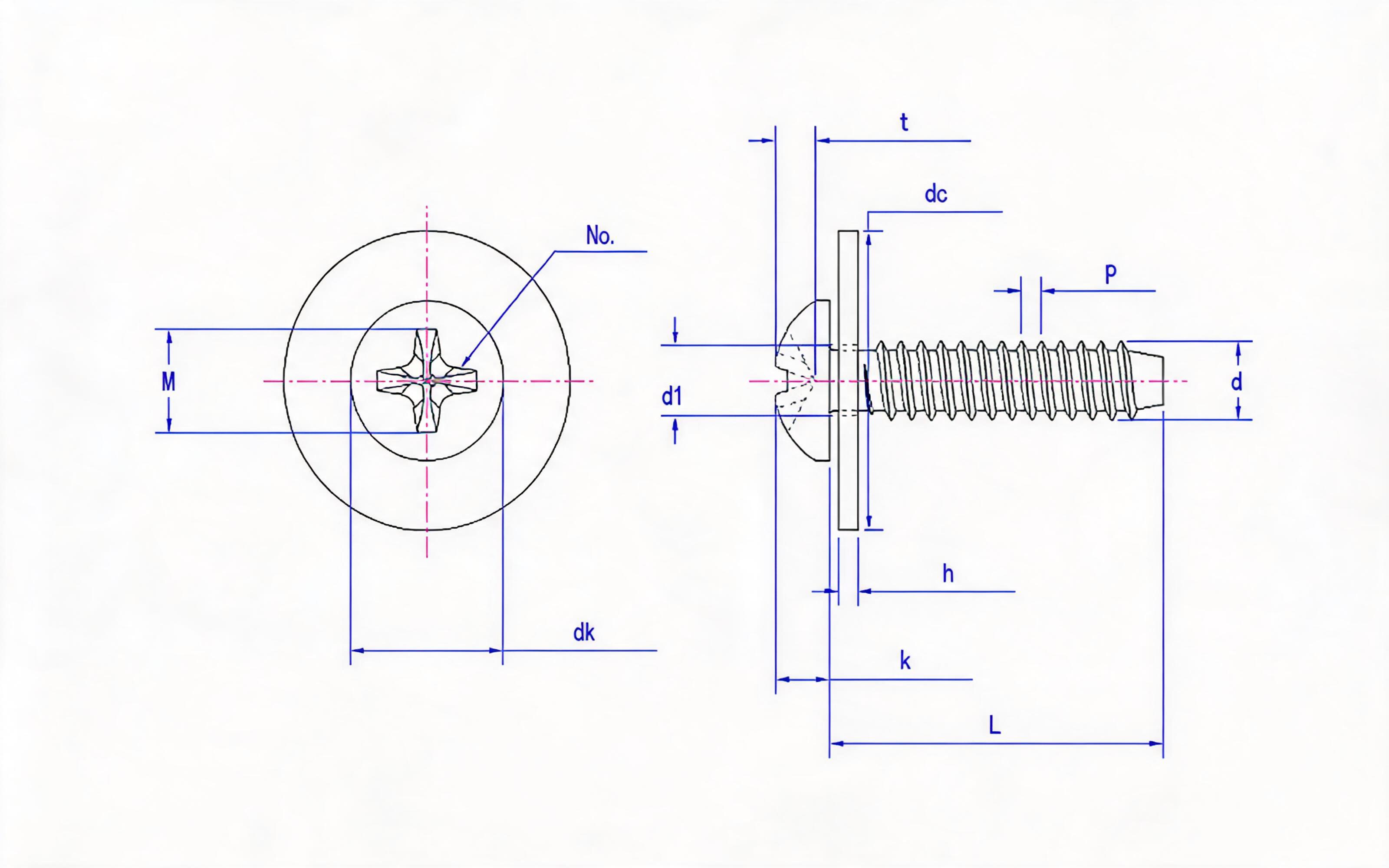 Cross recessed panhead self-tapping screw and large flat washer combination type F Standard Drawing