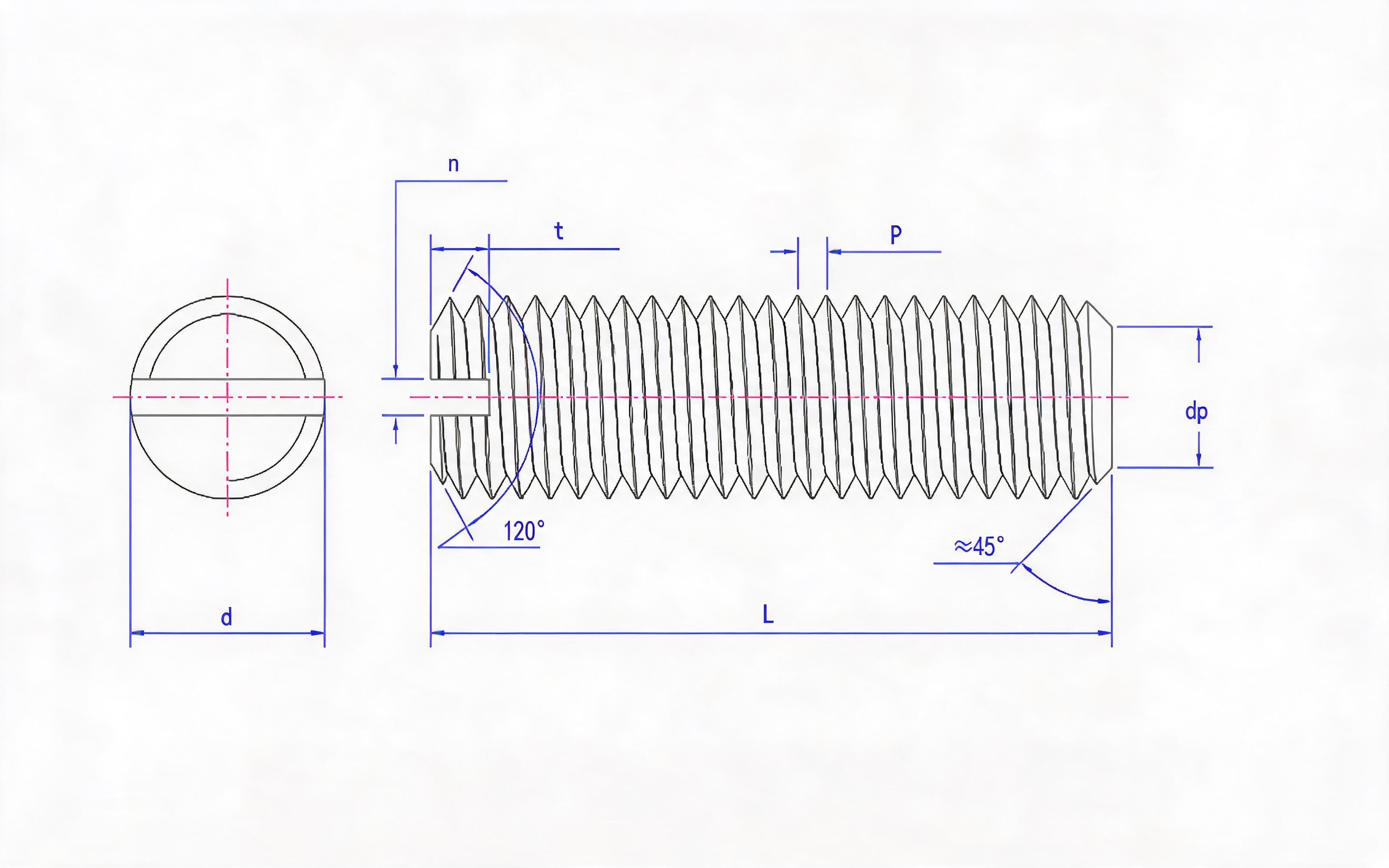 Slotted flat end set screw Standard Drawing