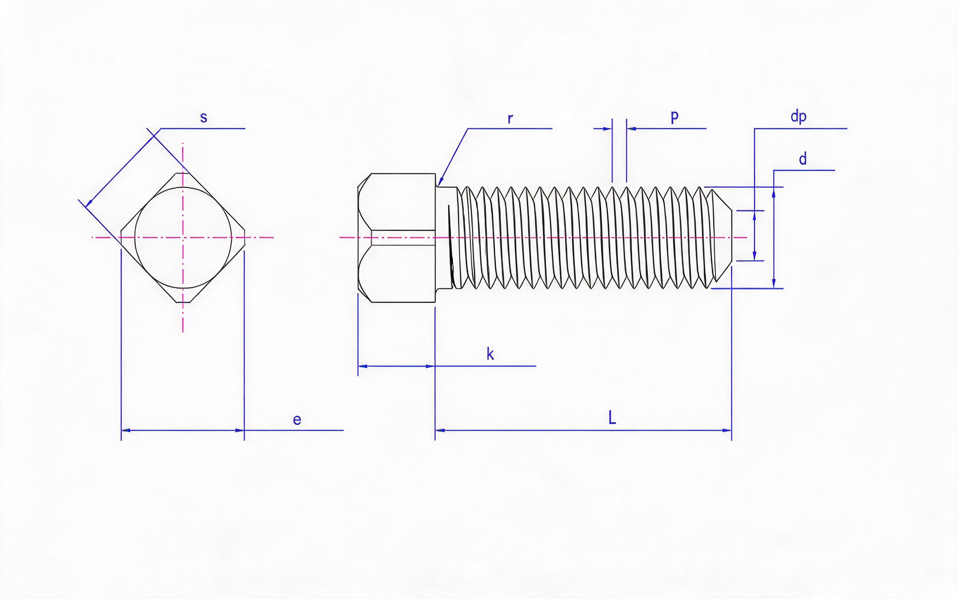 Square head flat end set screw Standard Drawing