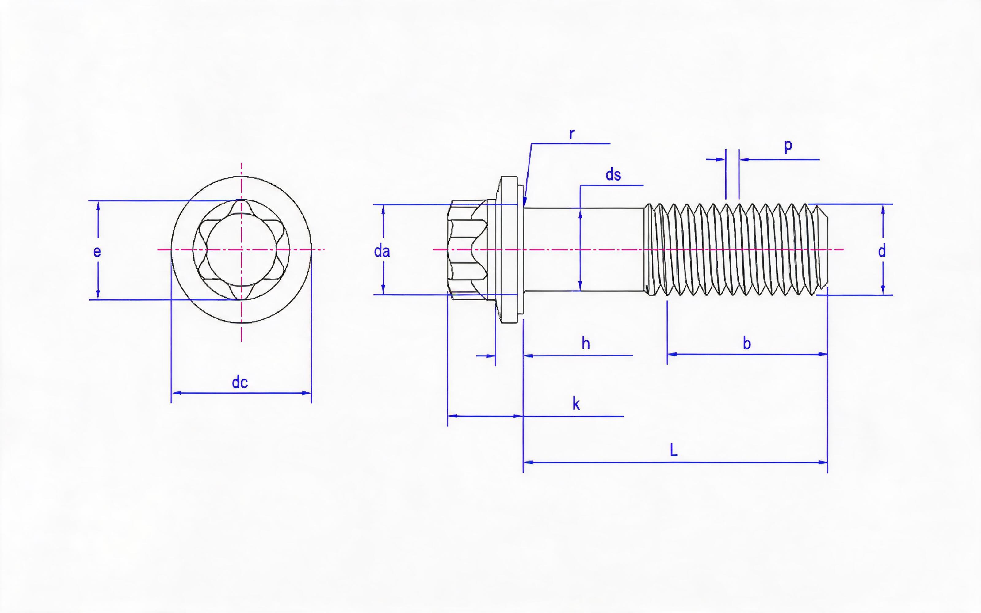 Small flange bolt of torx head fine rod (L ≤ 10d) Standard Drawing