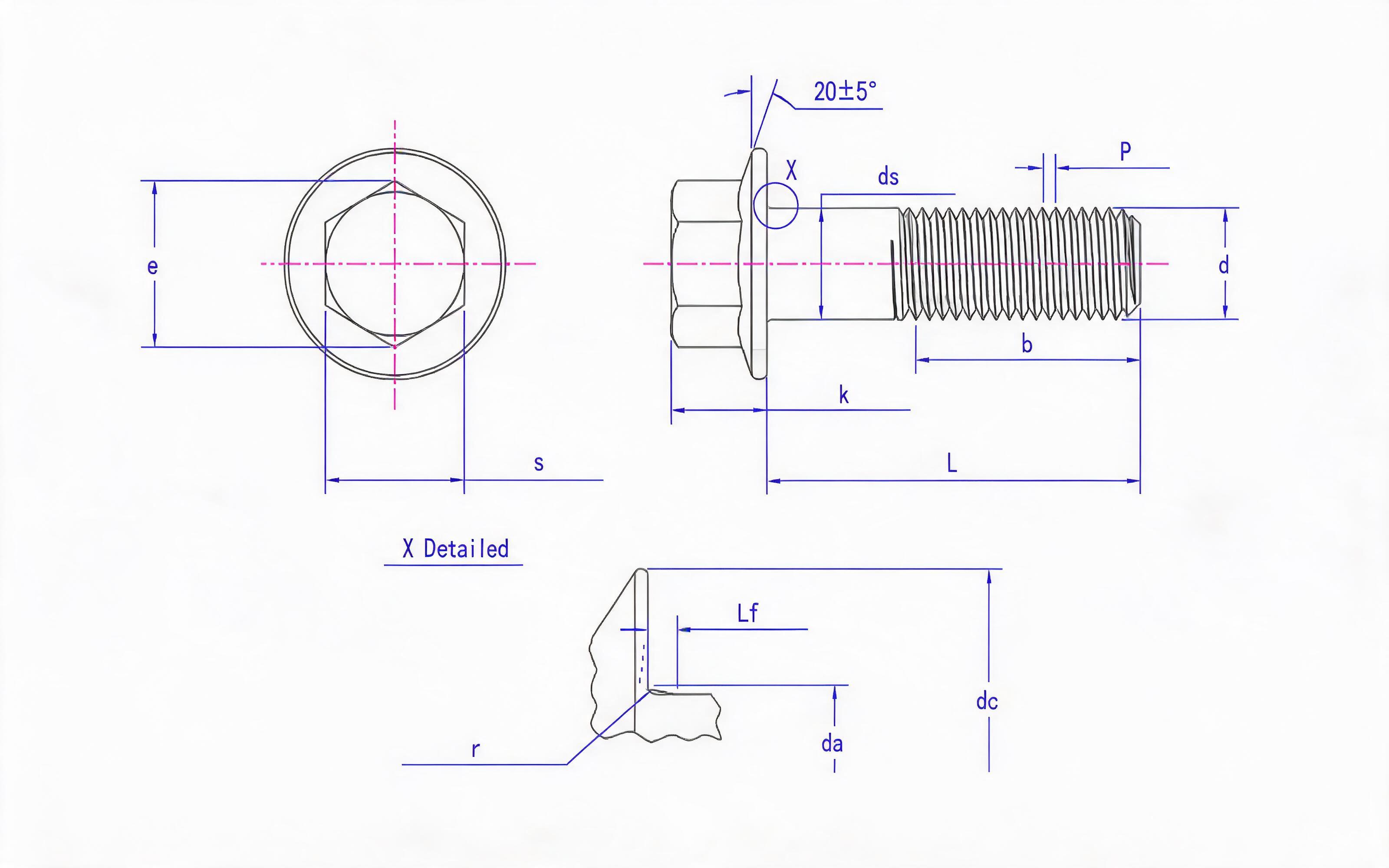 Hexagon flange coarse shank bolt fine thread small series (F standard) Standard Drawing