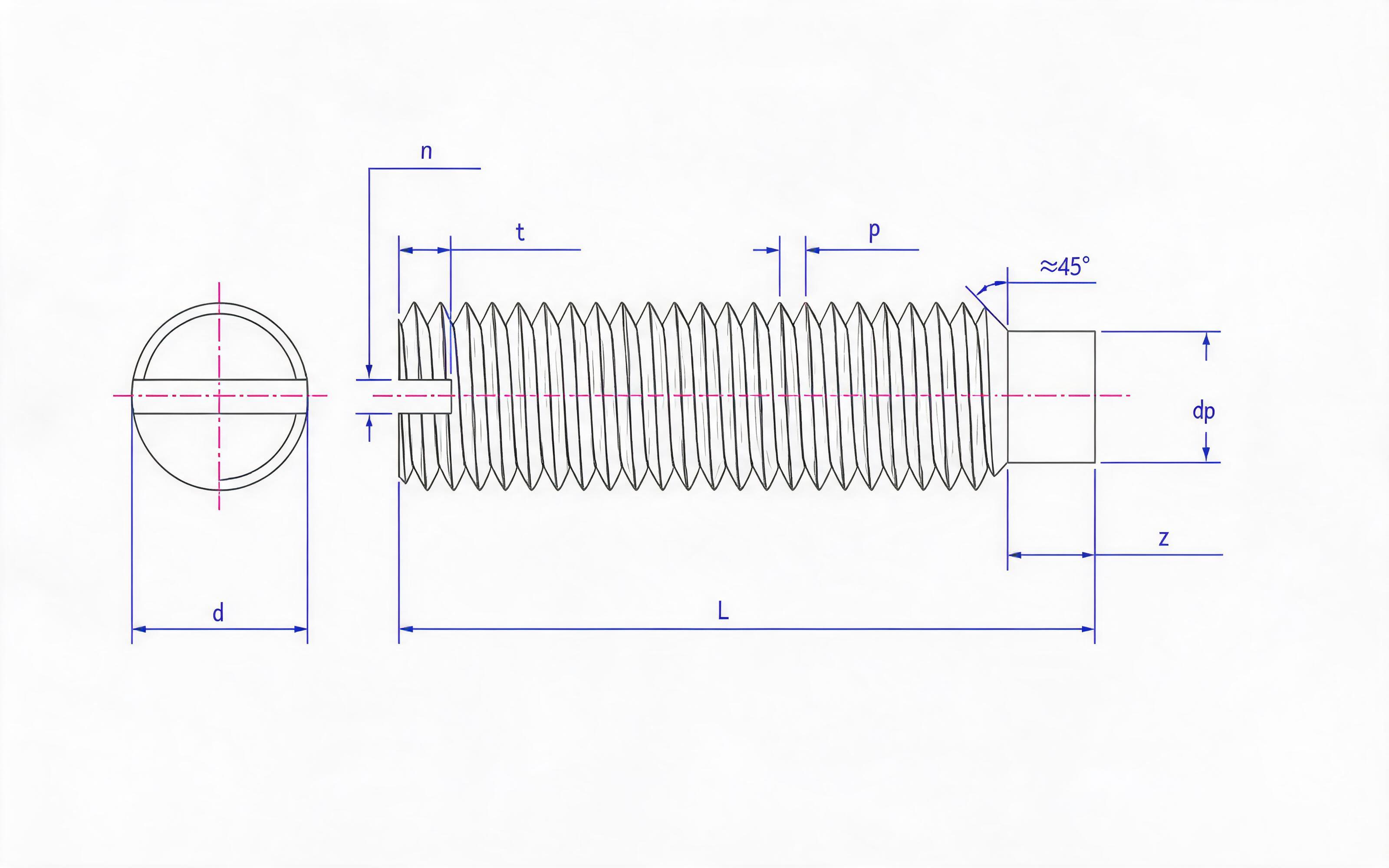 SLOTTED LONG CYLINDRICAL END SET SCREW Standard Drawing