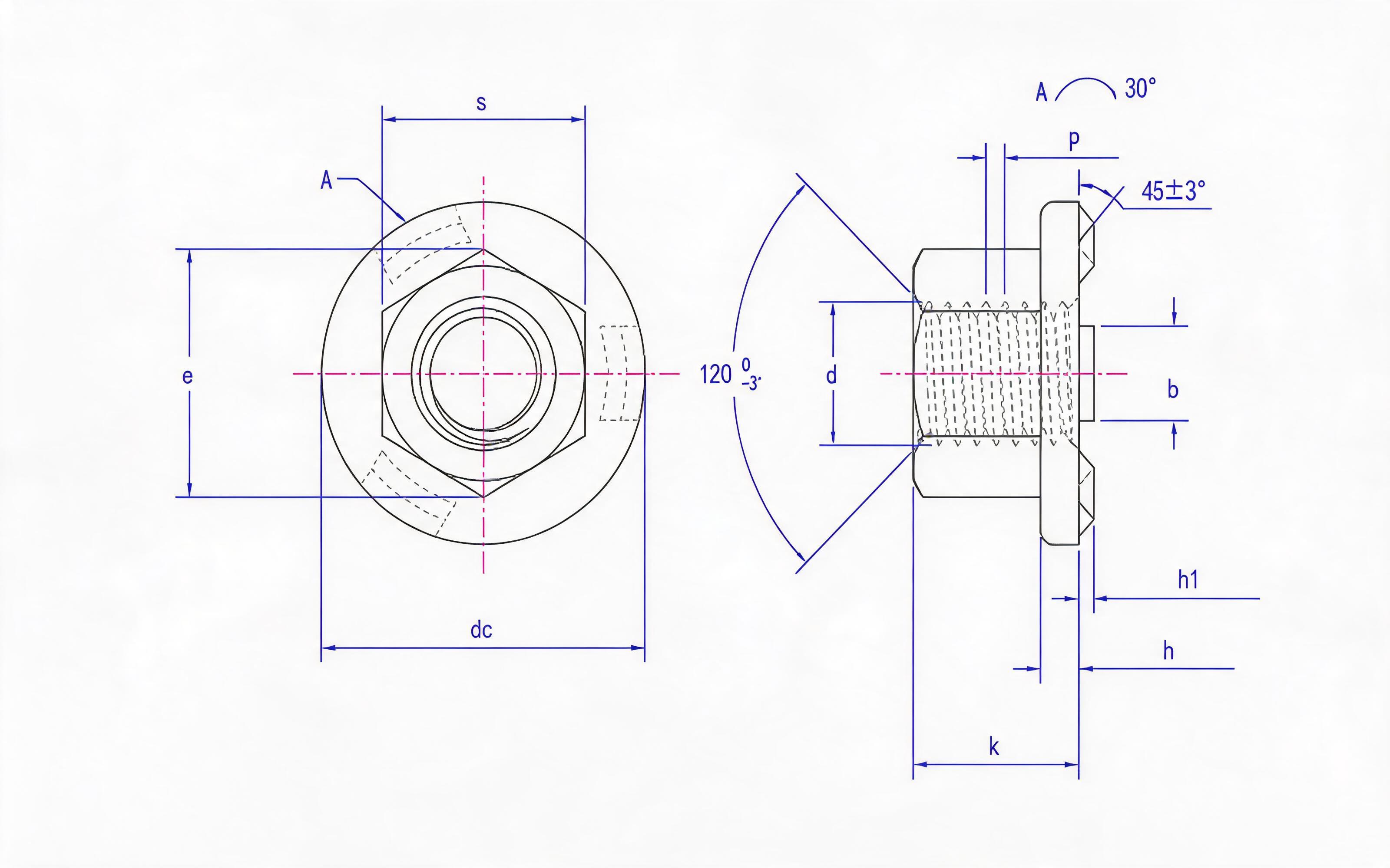 Hexagon flange welding nut Standard Drawing