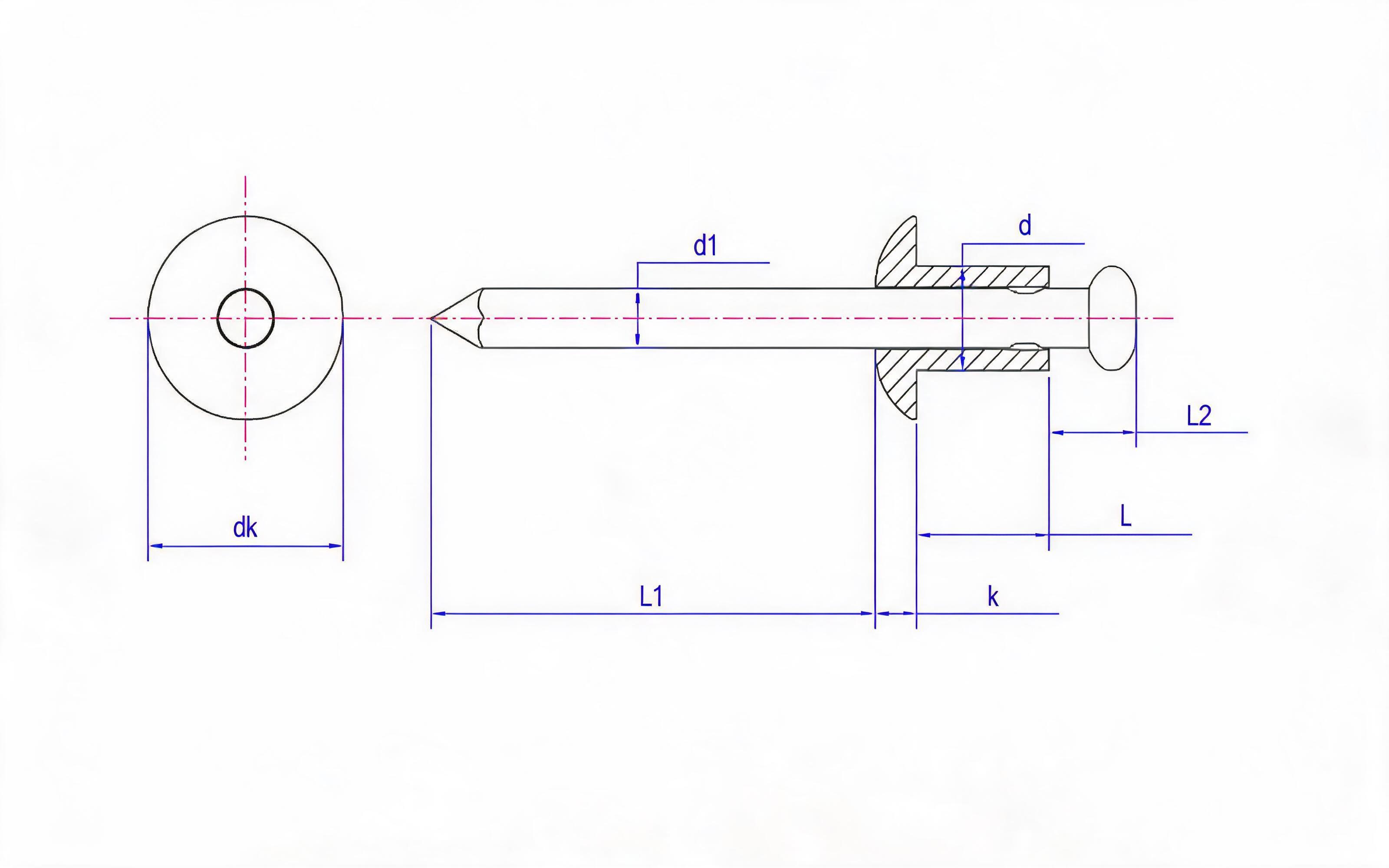 Open end round head pop rivets - Grade 12 Standard Drawing