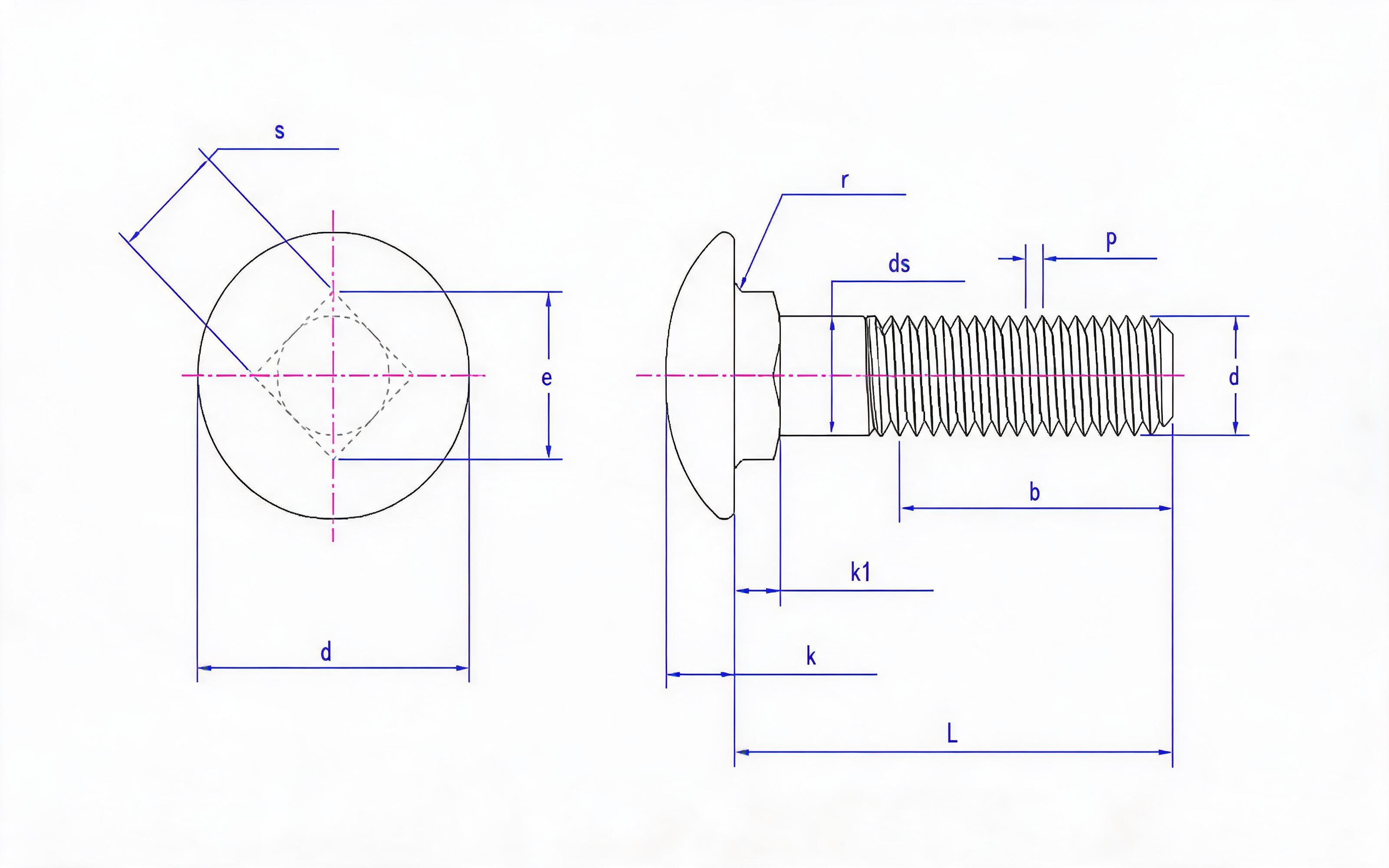 Small round head short square neck bolt Standard Drawing