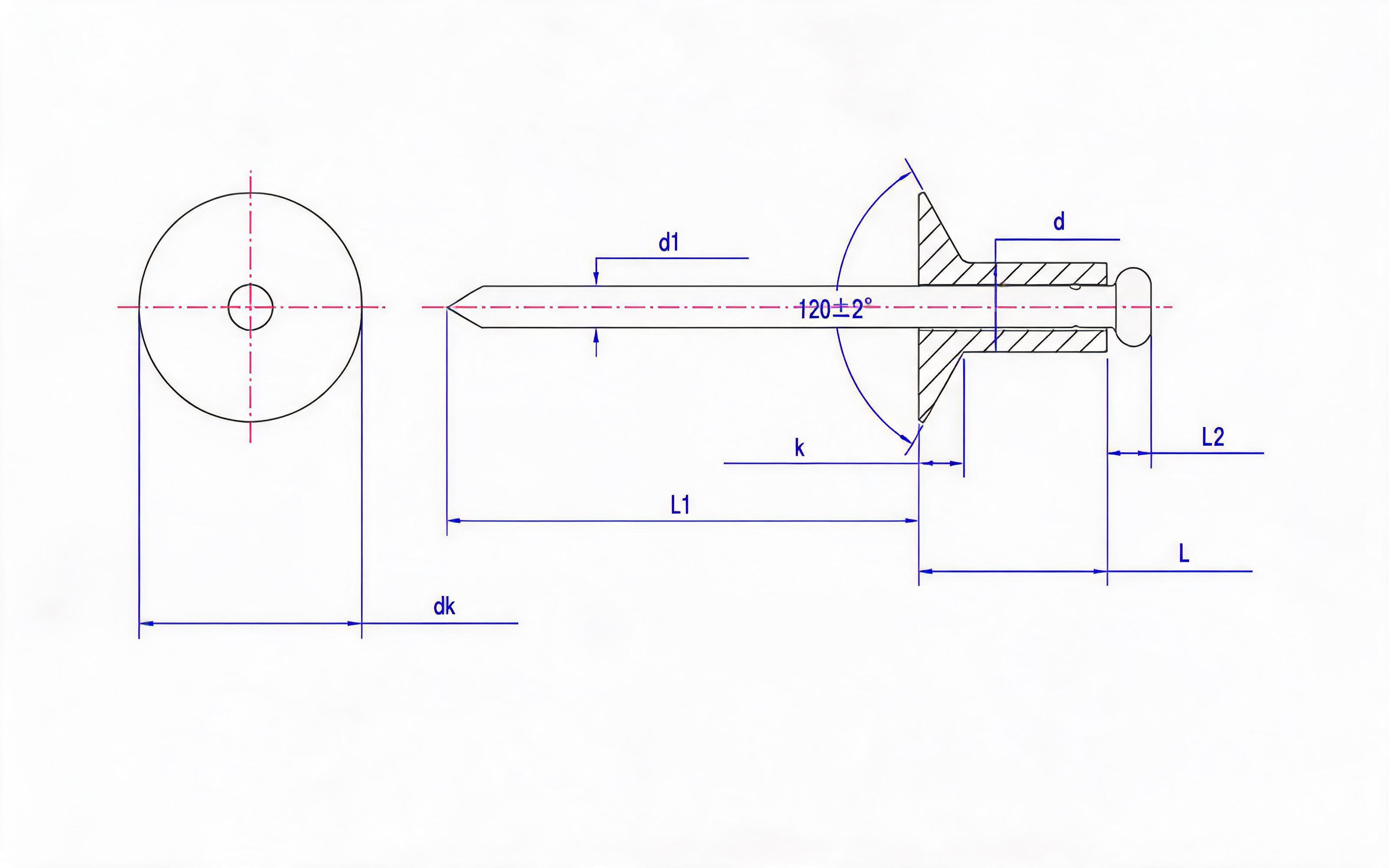 Open end countersunk head pop rivets - Grade 20, 21, 22 Standard Drawing