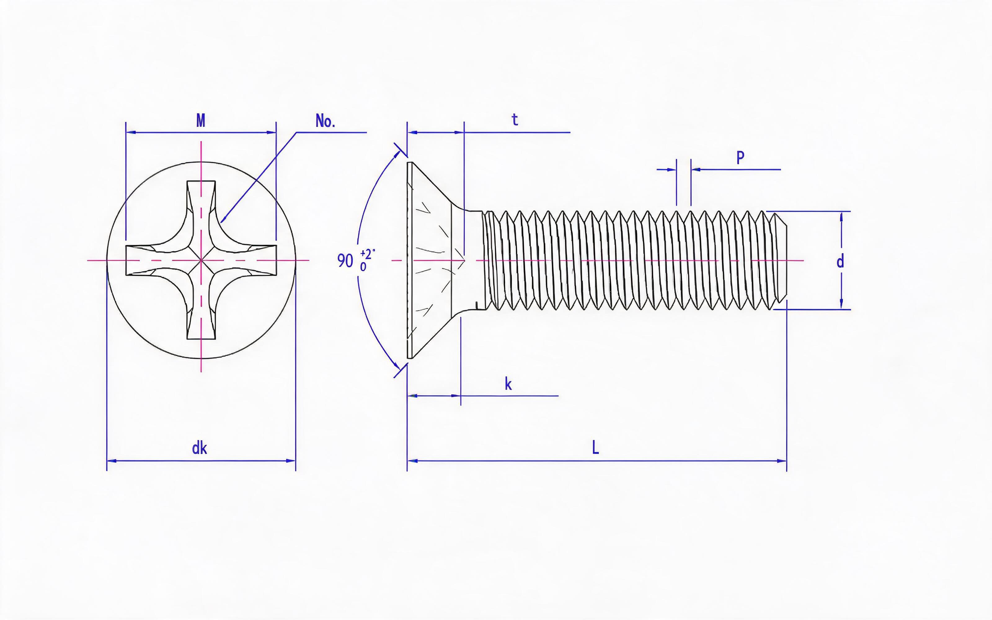 Grade 4.8 Cross recessed countersunk head screw (H-groove) Standard Drawing