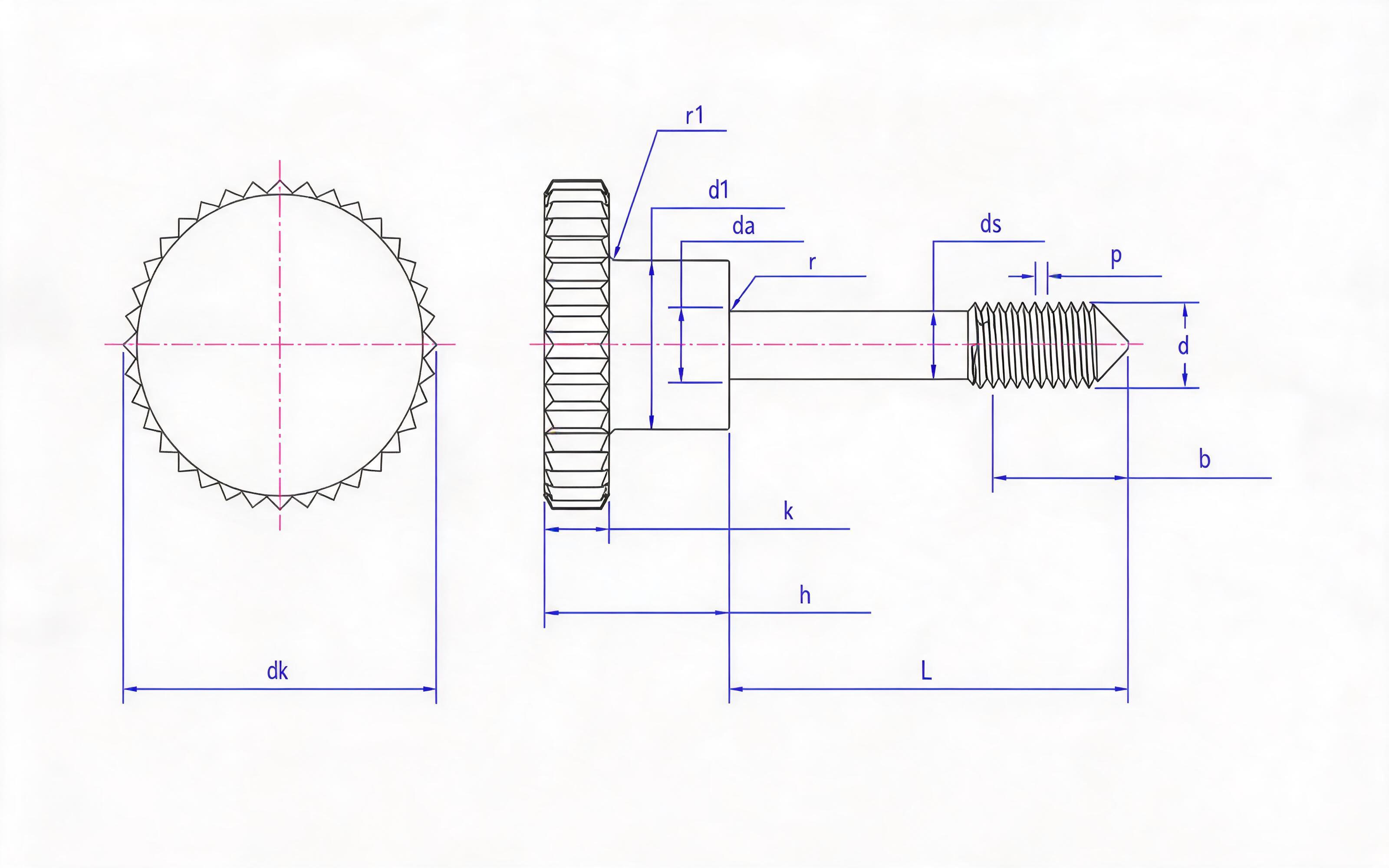 Knurled head step screw L long thread (taper tail) Standard Drawing