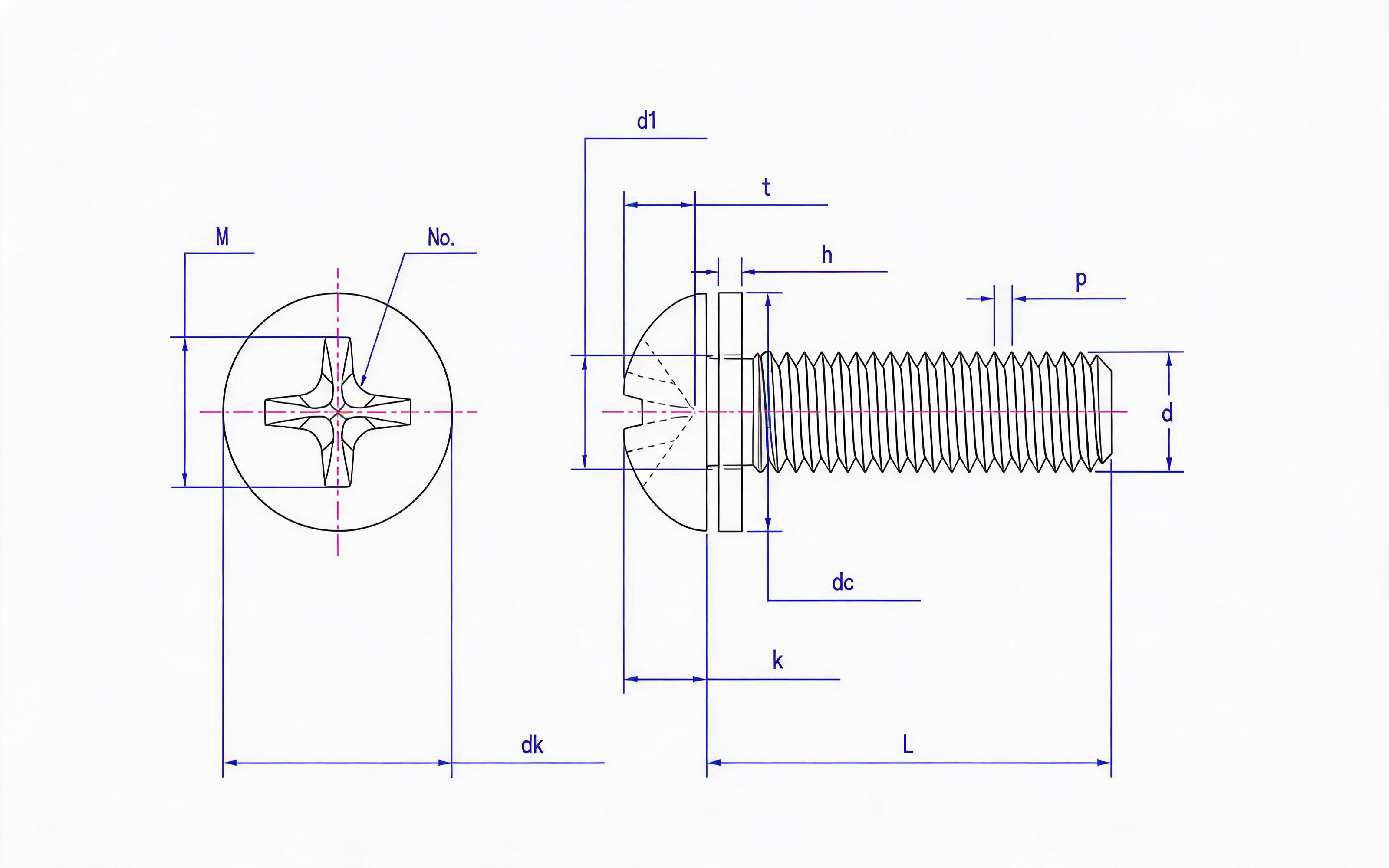 Cross recessed panhead screw (H-groove) and flat washer combination Standard Drawing