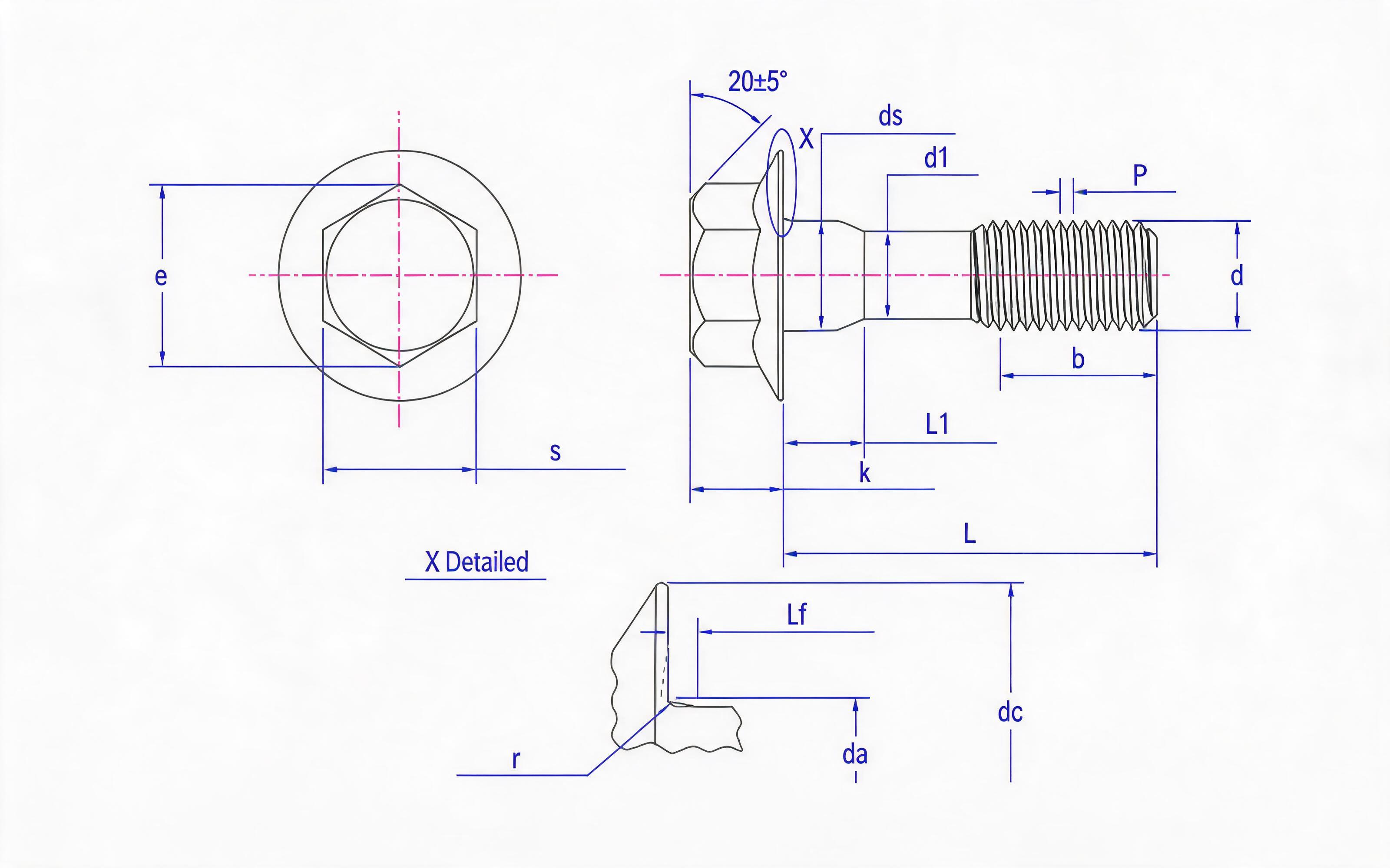 Hexagon flange thin rod bolt (type F) Standard Drawing