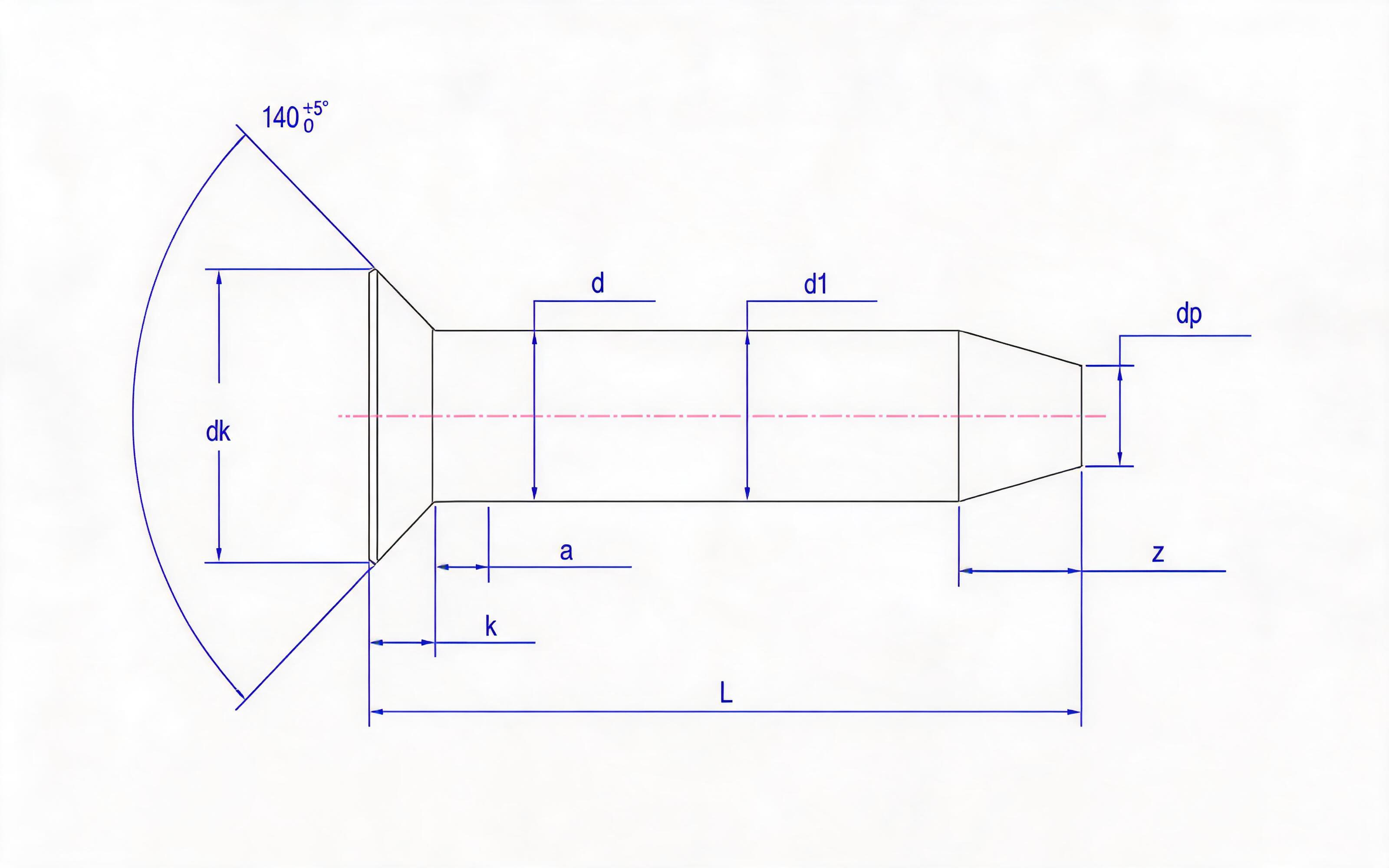 Countersunk taper end rivets (diameter 3 to 5mm) Standard Drawing