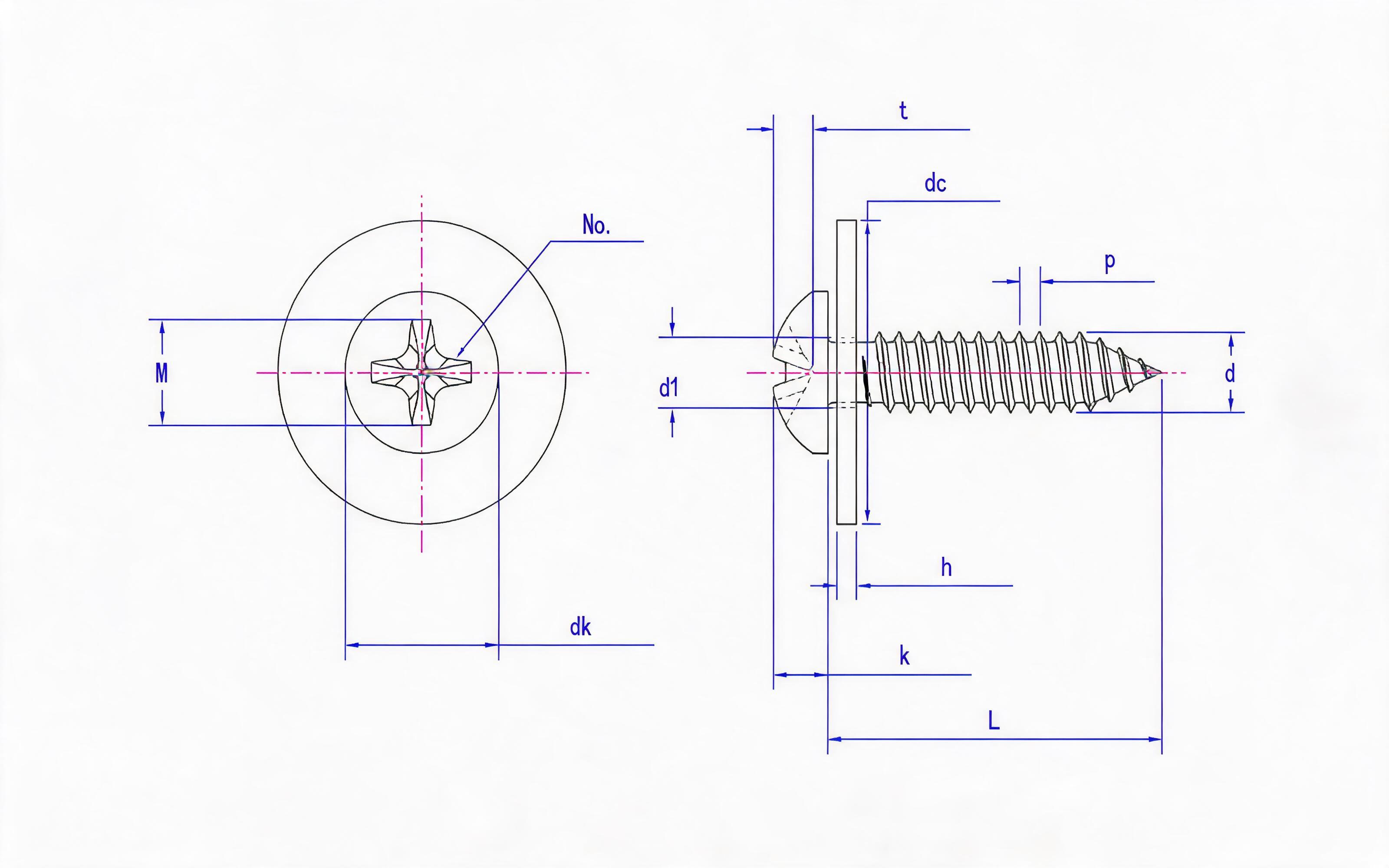 Cross recessed panhead self-tapping screw and large flat washer combination type C Standard Drawing