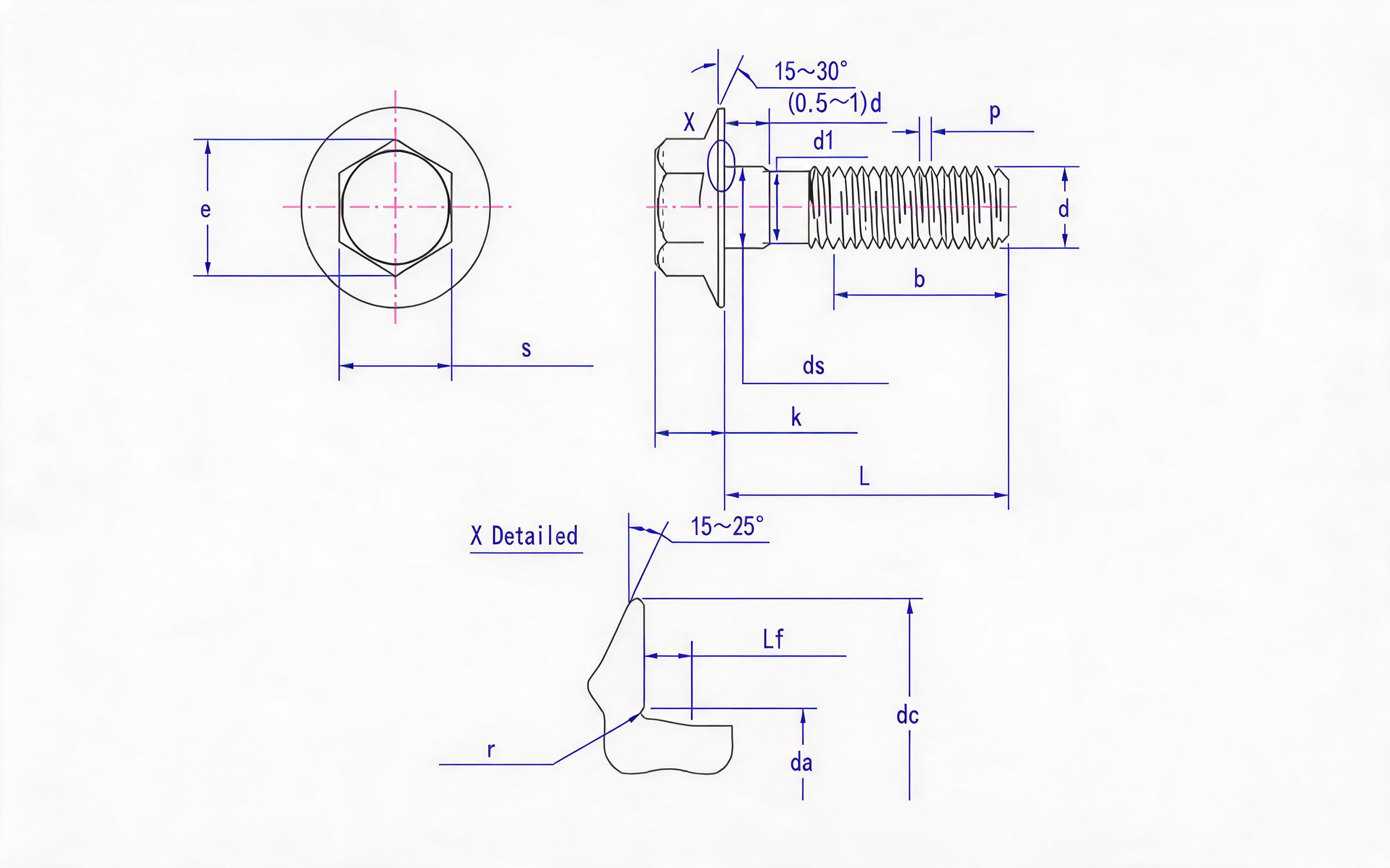 Thin shank hexagon head flange bolt (Type B) Standard Drawing