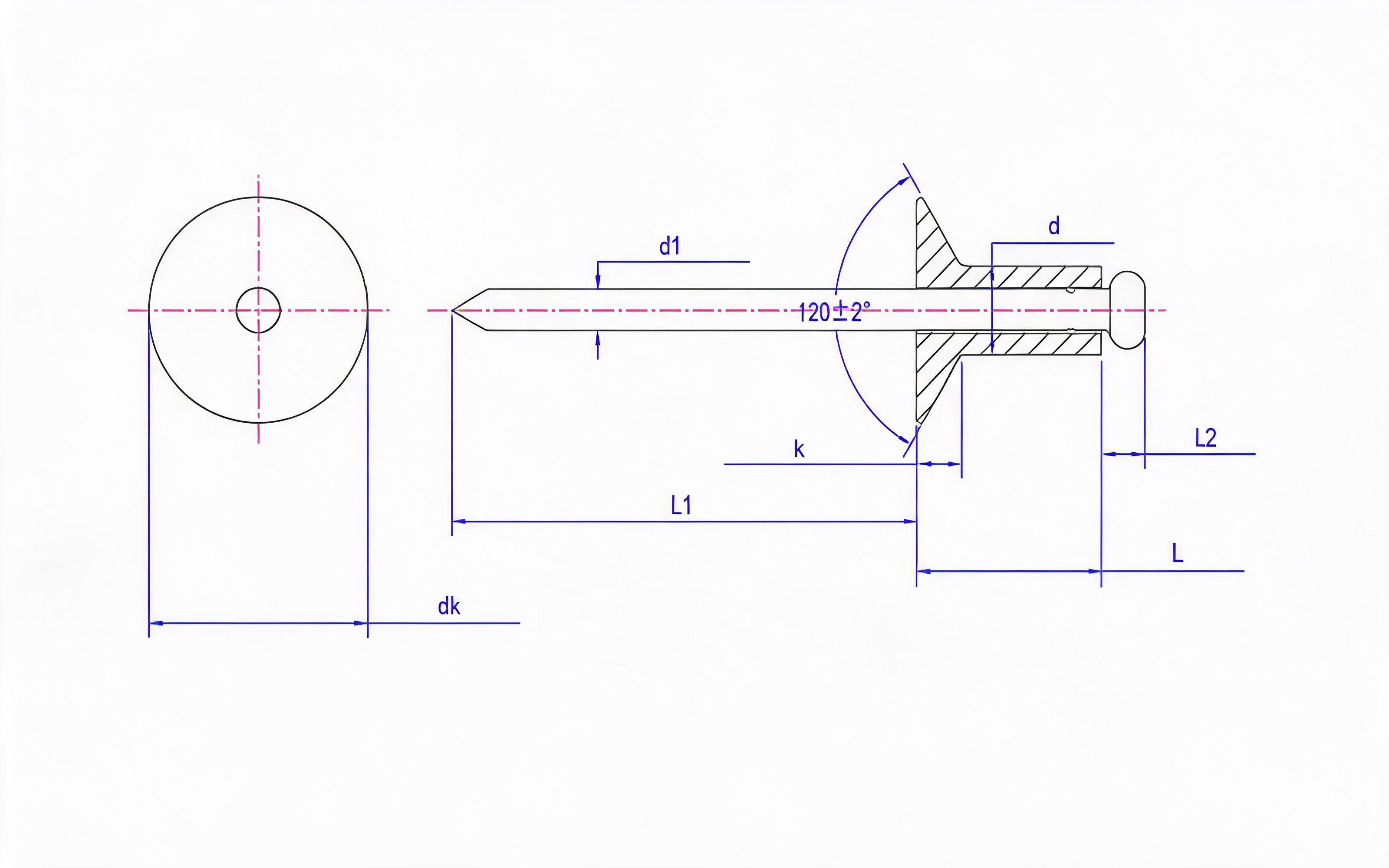 Open end countersunk head pop rivet Standard Drawing