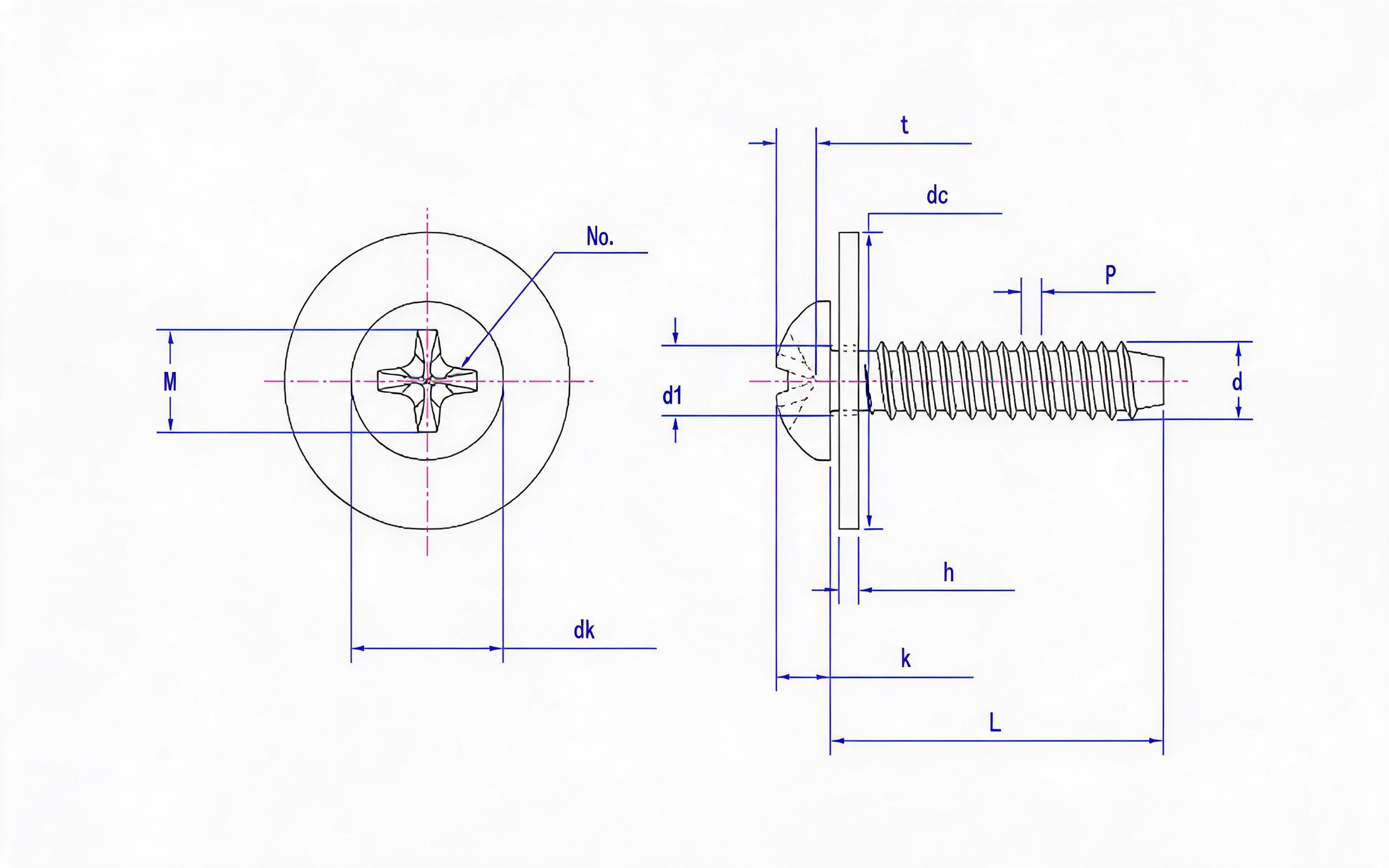 Combination of cross recessed panhead self-tapping screw and large flat washer Type F Standard Drawing